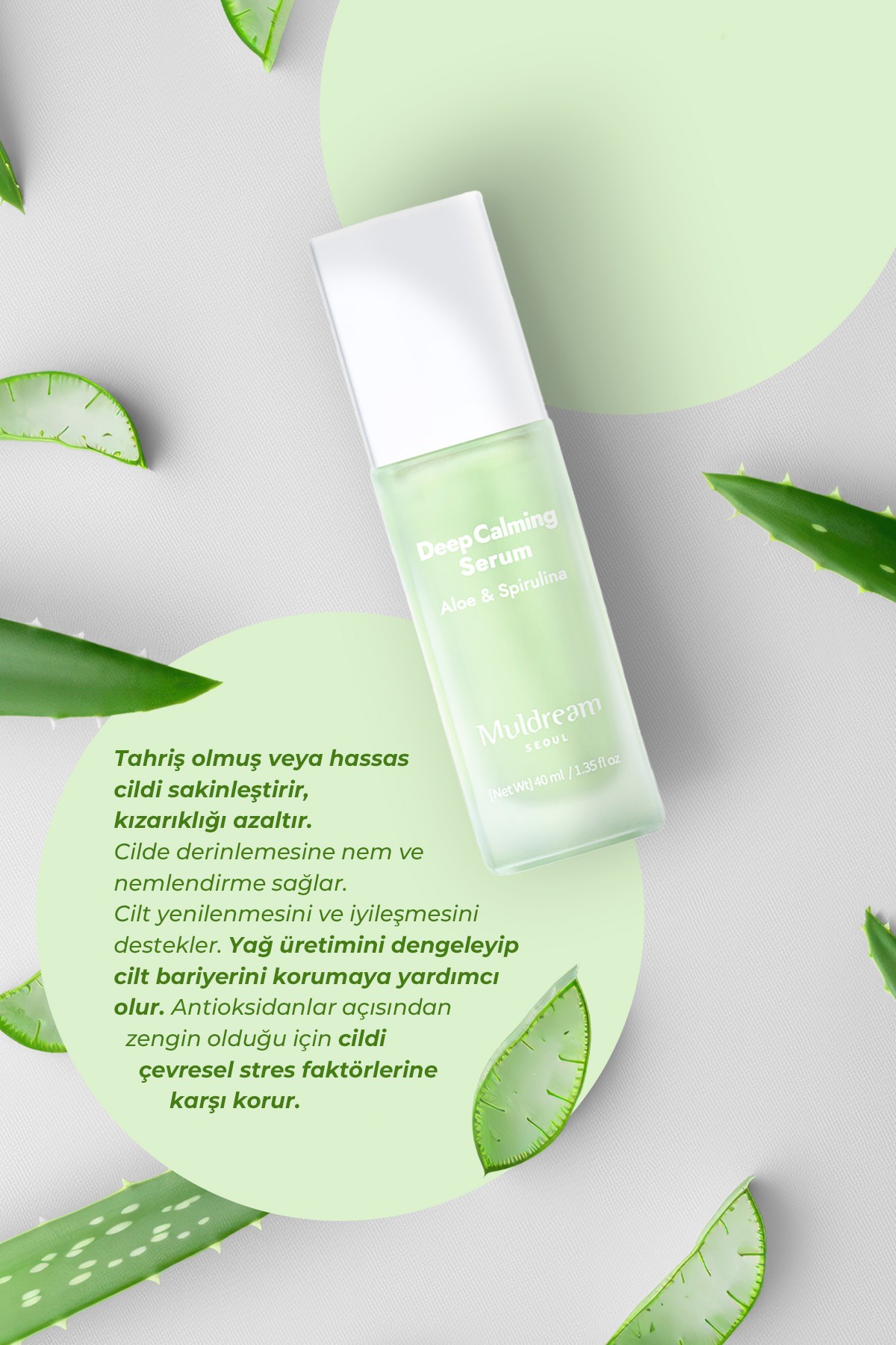 Aloe ve Spirulina İçeren Derinlemesine Yatıştırıcı Kore Serum 40ml – Hassasiyet Giderici & Onarıcı Bakım