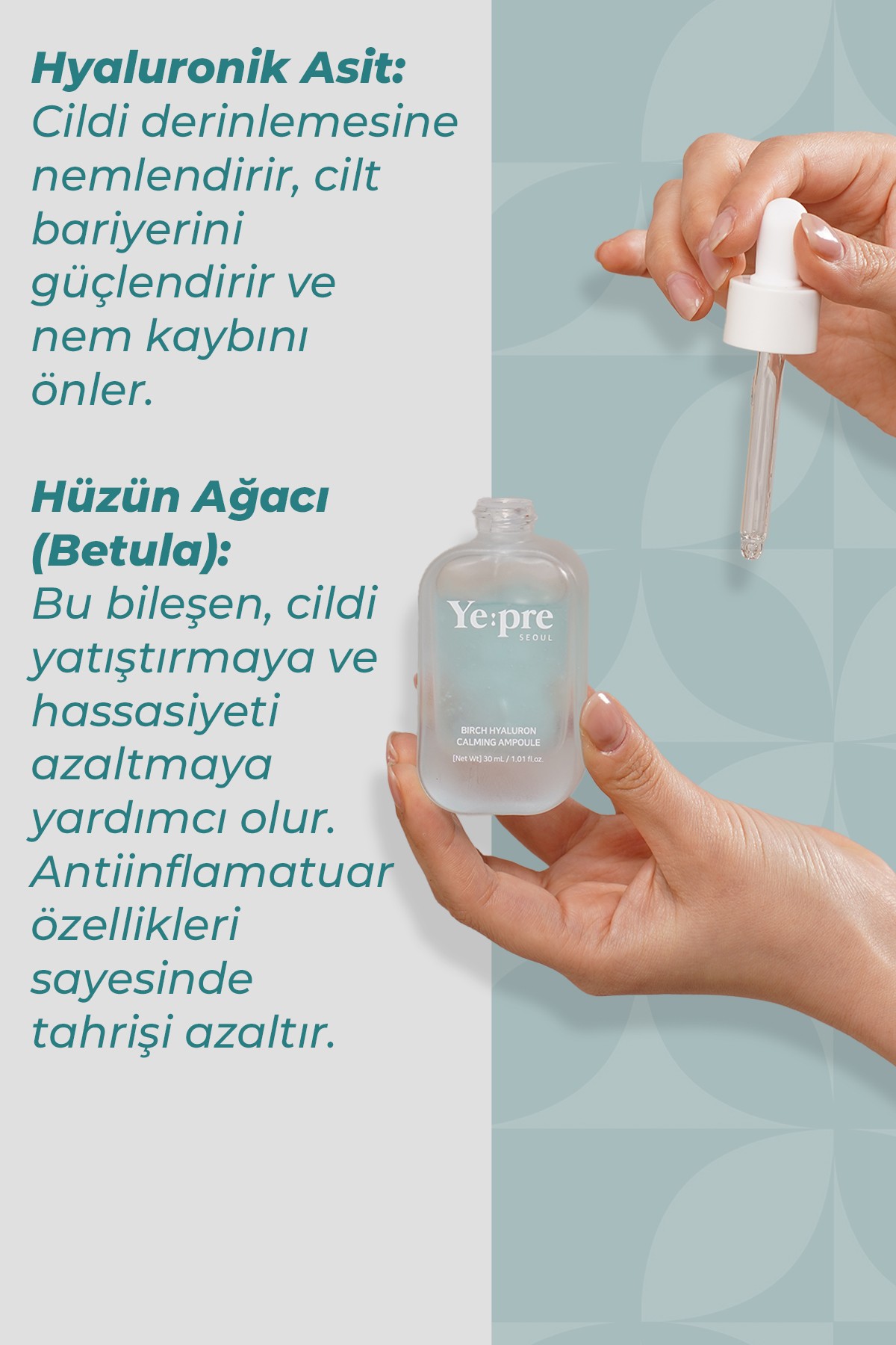 Huş Ağacı Özü ve Hyalüronik Asit İçeren Kore Nemlendirici Yatıştırıcı Ampul 30ml – Cilt Bariyeri Güçlendirici & Antioksidan Koruma