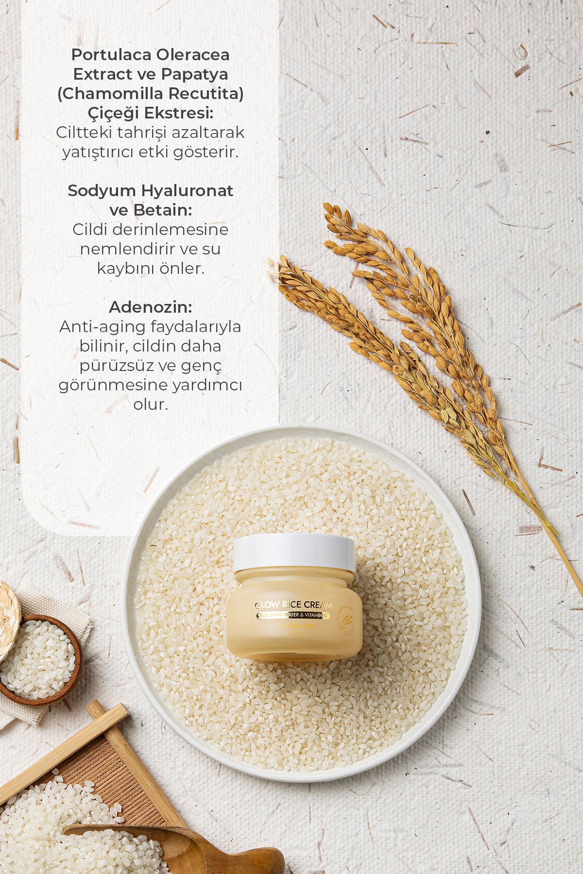 Glow Rice Cream Hassas Ciltler İçin Aydınlatıcı Onarıcı Nemlendirici Yüz Kremi 50ml