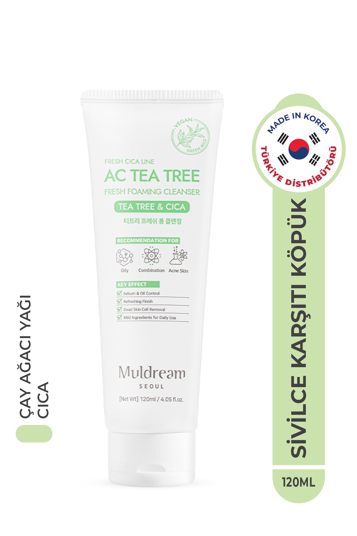 MULDREAM Çay Ağacı Yağı İçeren Sebum Arındırıcı Kore Temizleyici Köpük 120ml – Yatıştırıcı & Gözenek Temizleyici