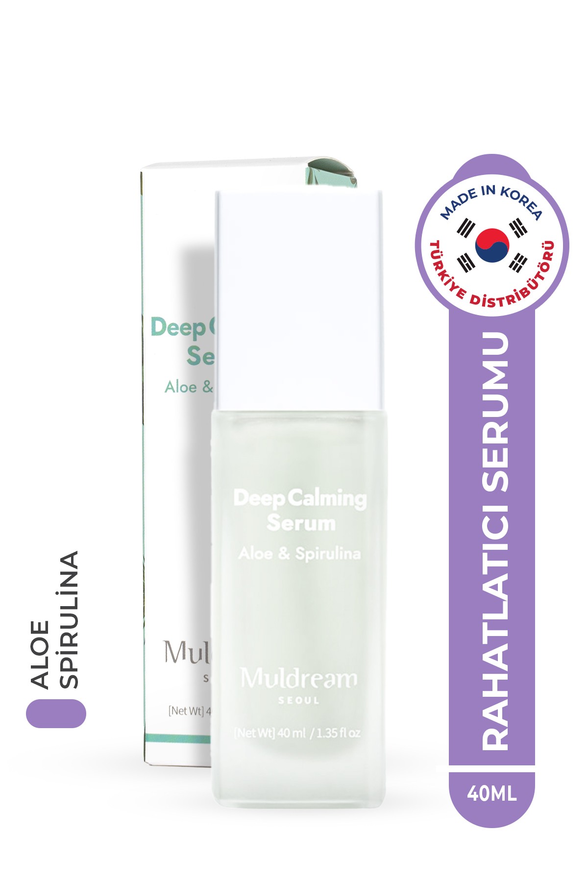 MULDREAM Aloe ve Spirulina İçeren Derinlemesine Yatıştırıcı Kore Serum 40ml – Hassasiyet Giderici & Onarıcı Bakım