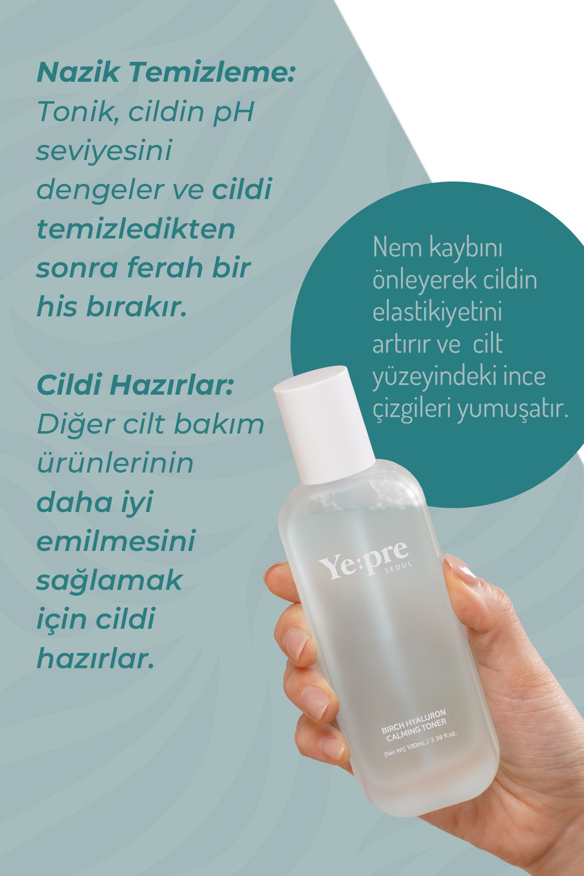 YE:PRE Huş Ağacı Özü ve Hyalüronik Asit İçeren Nemlendirici Yatıştırıcı Kore Tonik 100ml – Cilt Bariyeri Güçlendirici & Cilt Tonu Eşitleyici