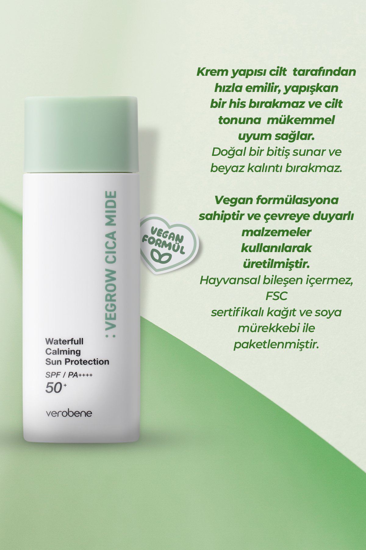 Vegrow Cica Mide Su Bazlı Yatıştırıcı Güneş Koruyucu Krem SPF50+ / PA++++ 50ml