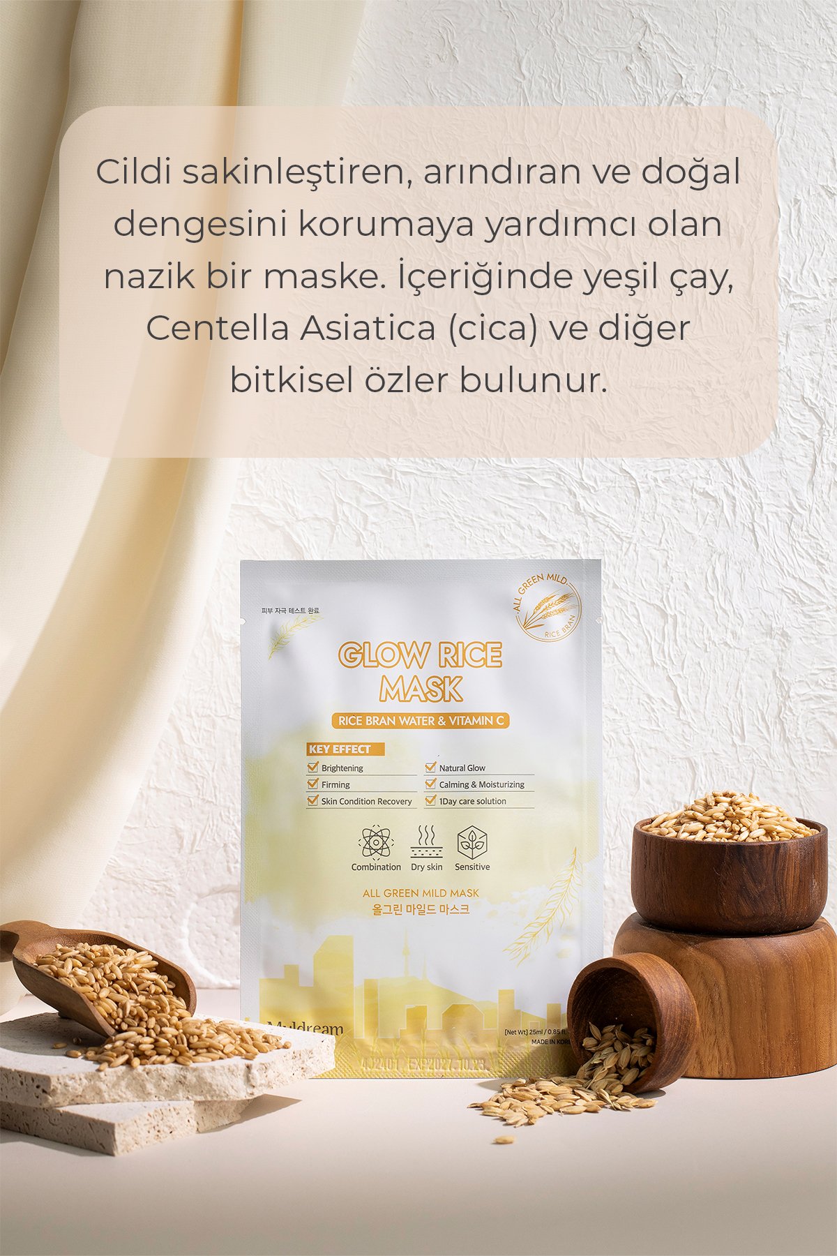 Glow Rice Pirinç Kepeği ve Vitamin C ile Aydınlatıcı Yenileyici Kore Yüz Maskesi 25ml