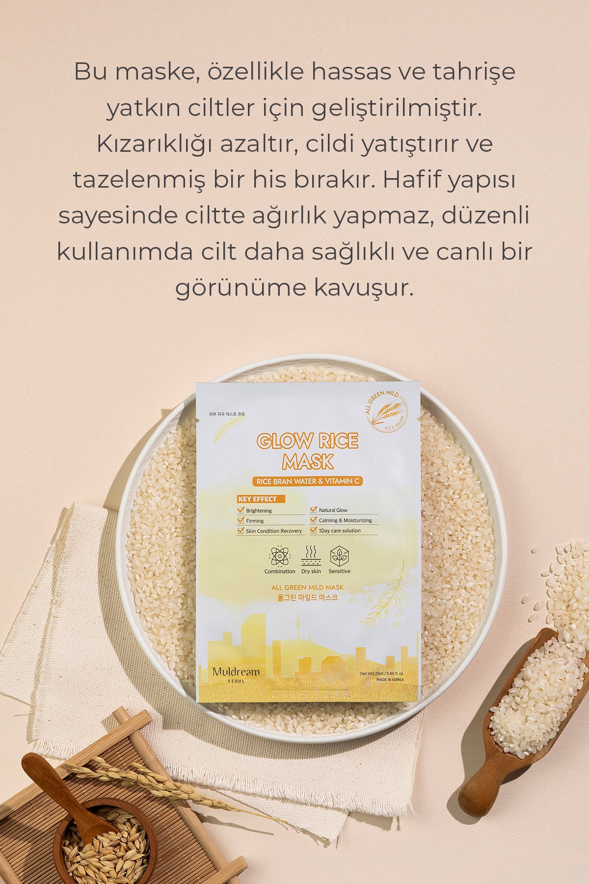 Glow Rice Pirinç Kepeği ve Vitamin C ile Aydınlatıcı Yenileyici Kore Yüz Maskesi 25ml