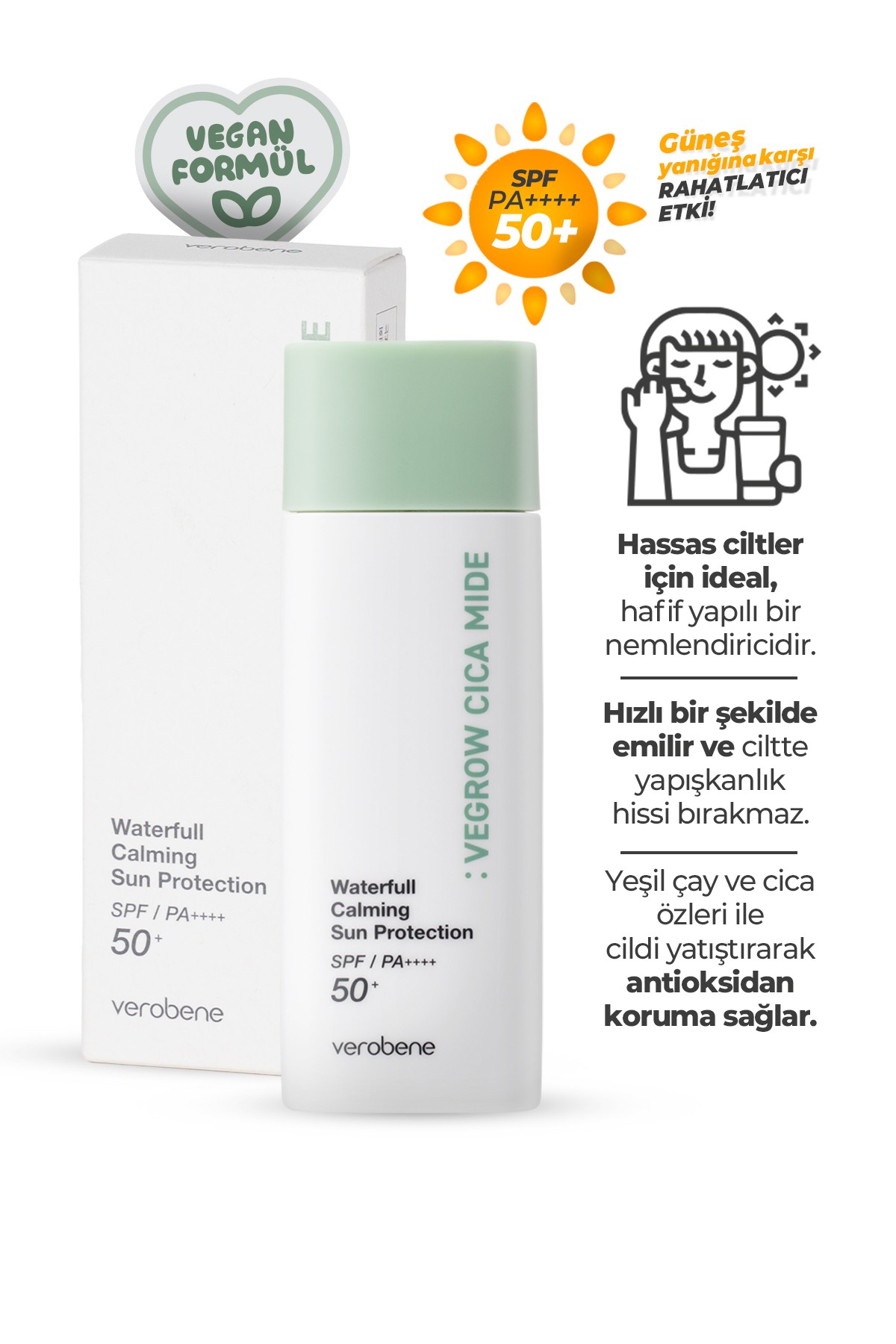 Vegrow Cica Mide Su Bazlı Yatıştırıcı Güneş Koruyucu Krem SPF50+ / PA++++ 50ml