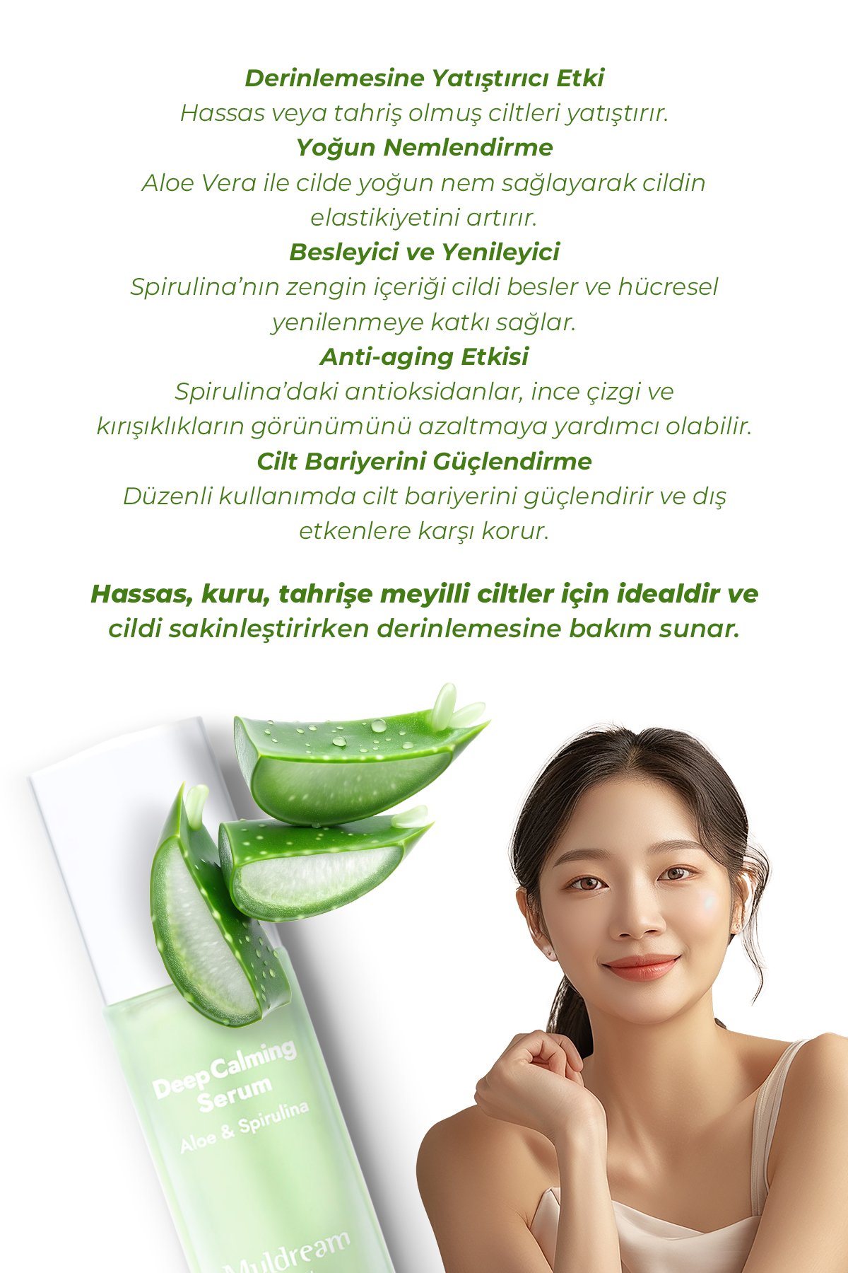 Aloe ve Spirulina İçeren Derinlemesine Yatıştırıcı Kore Serum 40ml – Hassasiyet Giderici & Onarıcı Bakım