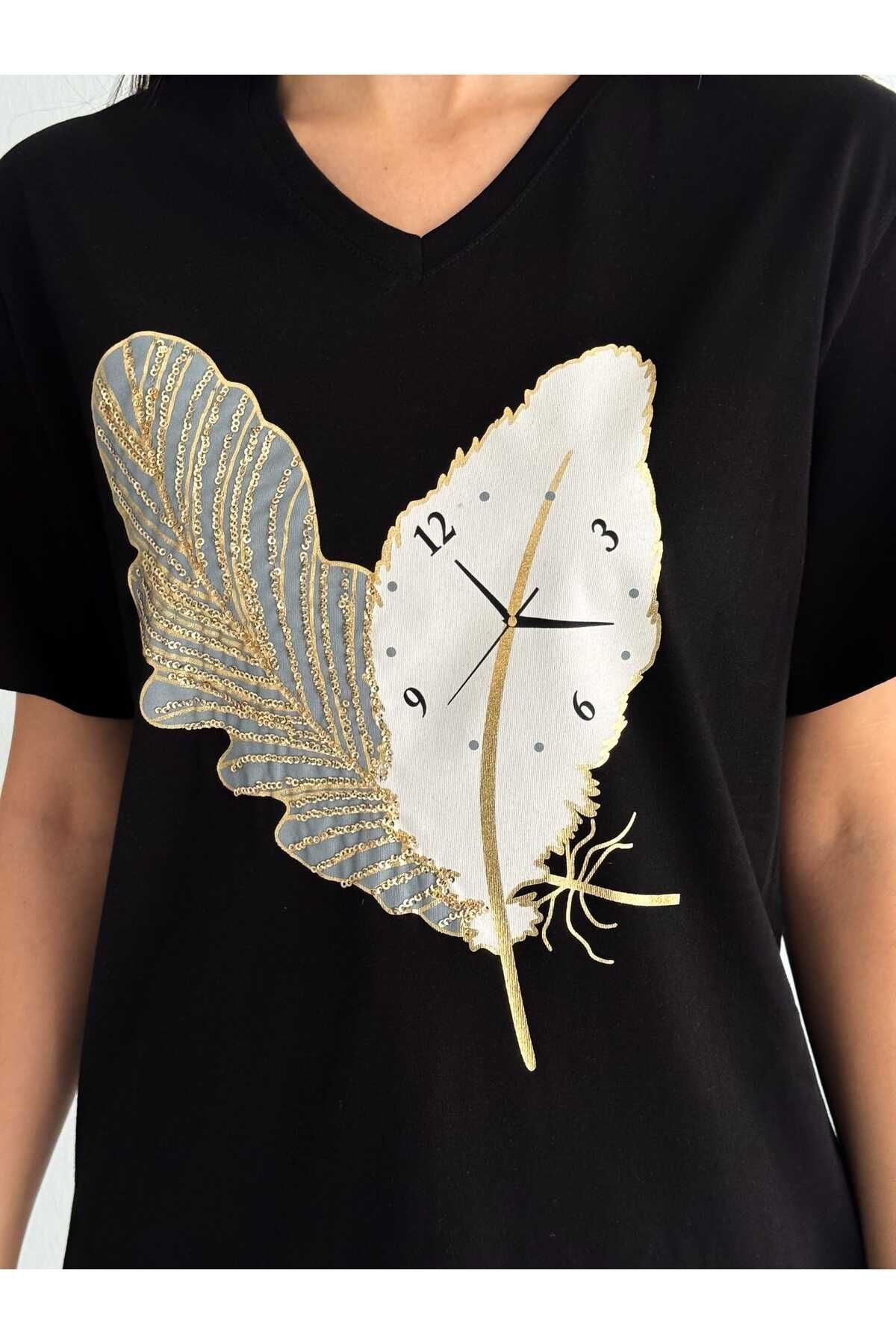 Kadın Büyük Beden Yeni Sezon %100 Pamuk Saat İşlemeli Nakışlı T-shirt