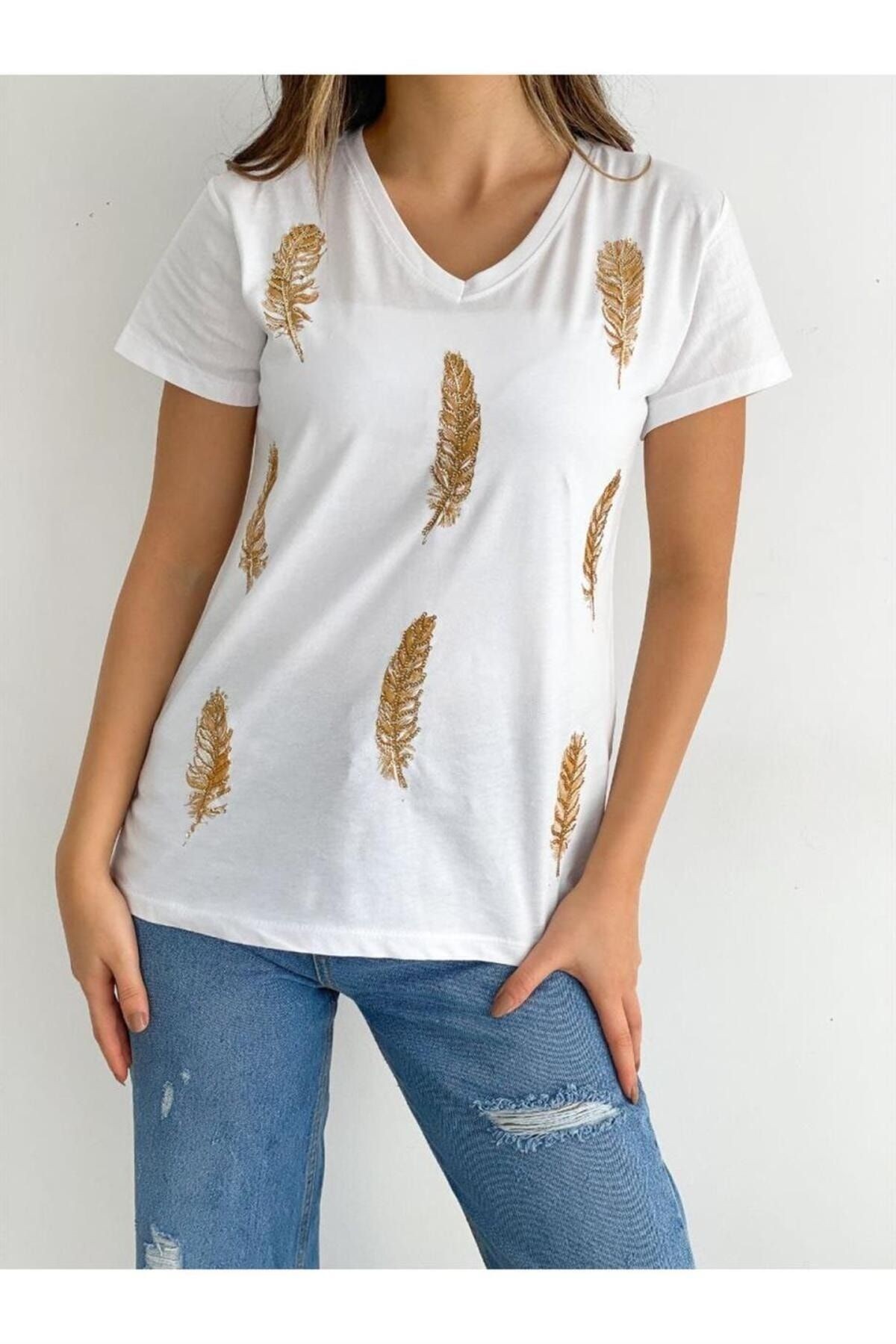 Yaprak Desenli Büyük Beden T-shirt