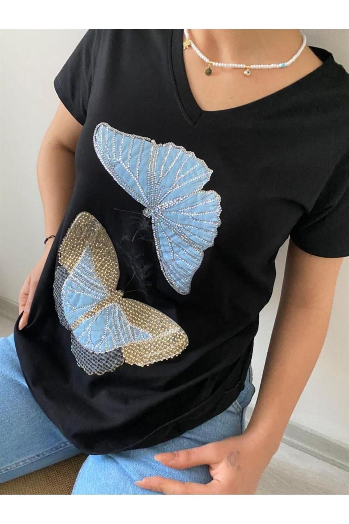 Kelebek Işlemeli Yeni Sezon %100 Pamuk T-shirt