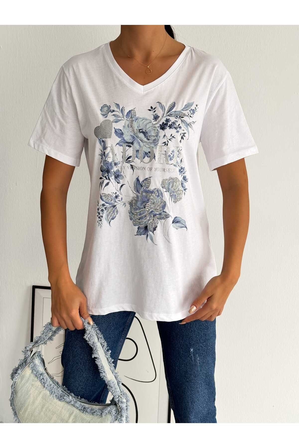 Kadın Büyük Beden Yeni Sezon %100 Pamuk Mavi Çiçek İşlemeli Nakışlı T-shirt