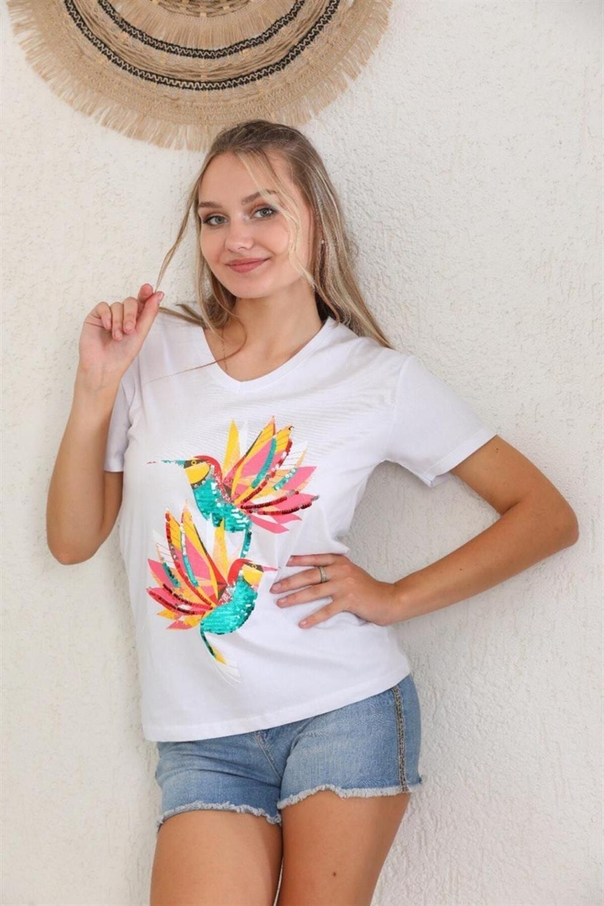 Kadın Çift Kuş Detaylı T-shirt