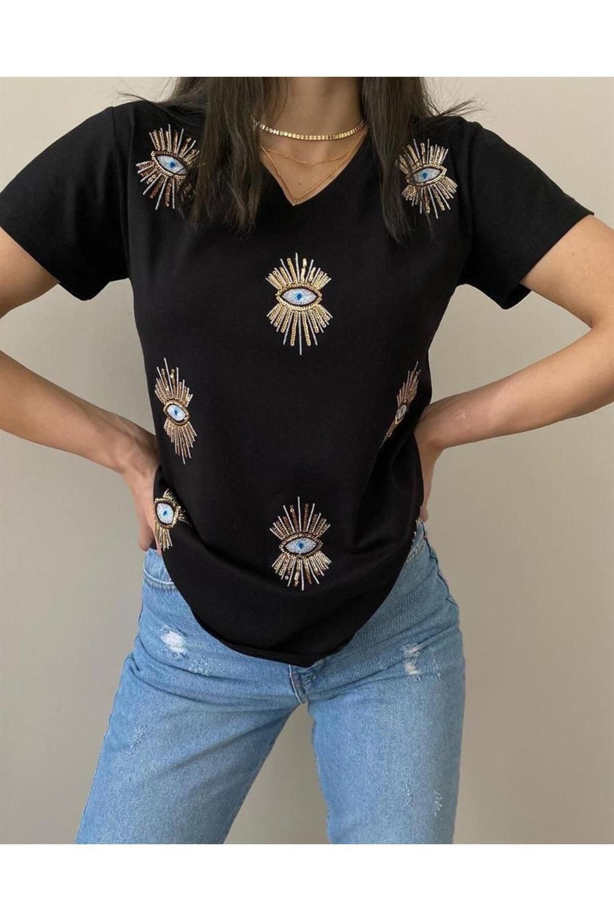 Gözlü Büyük Beden Gözlü T-shirt