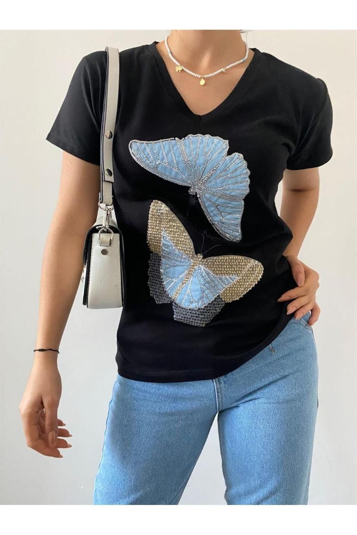 Kelebek Işlemeli Yeni Sezon %100 Pamuk T-shirt