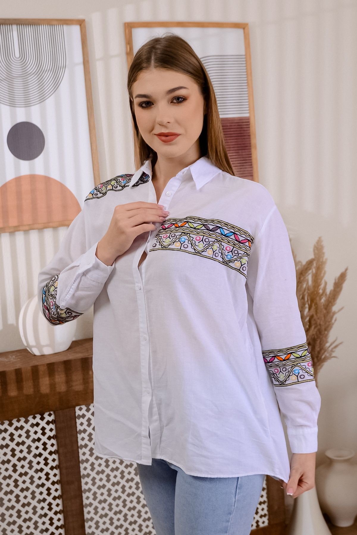 Etnik Desenli %100 Pamuk Yazlık Gömlek 1 Beden Ufak Alınız