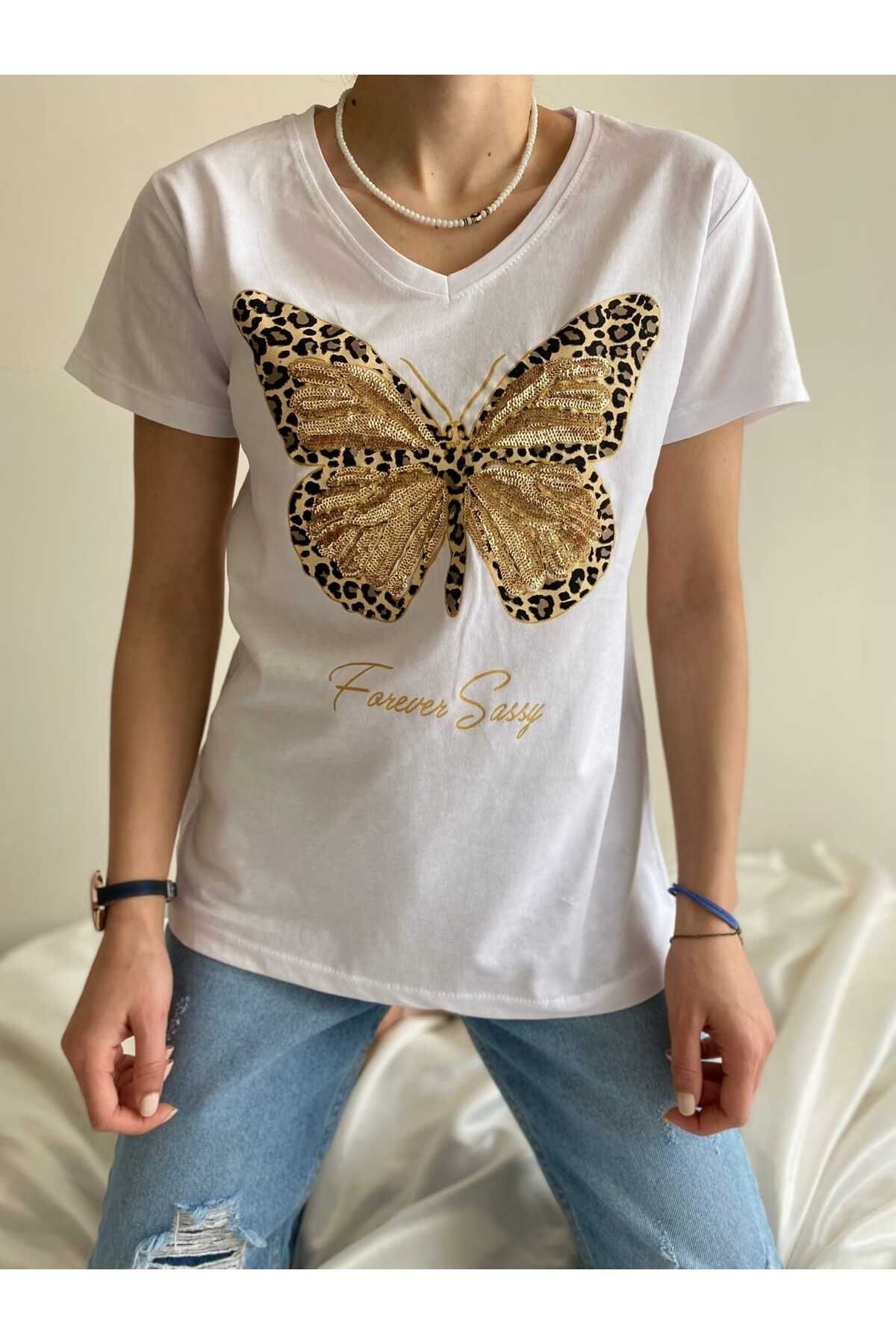 Kadın Yeni Sezon %100 Pamuk Leopar Detaylı T-shirt