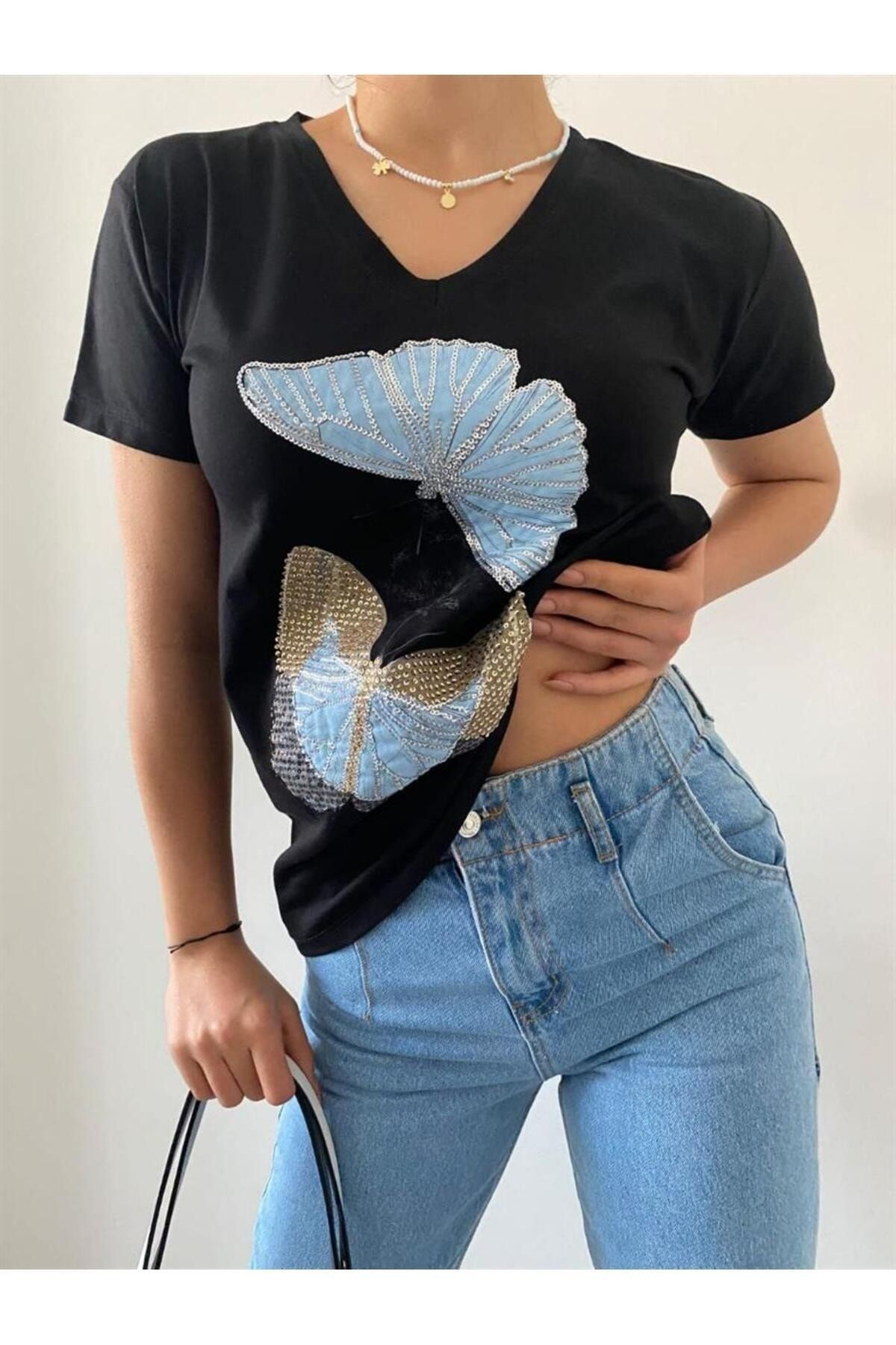Kelebek Işlemeli Yeni Sezon %100 Pamuk T-shirt