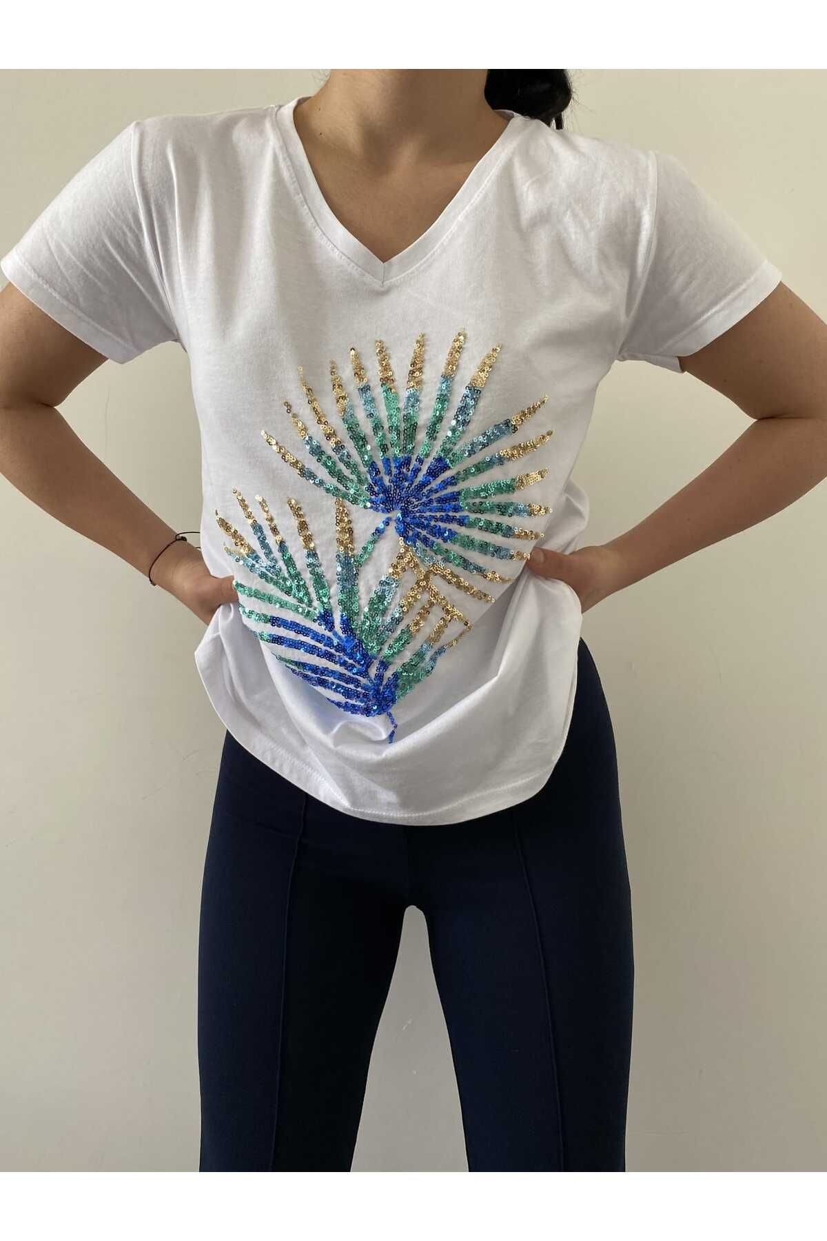 Kadın Yeni Sezon %100 Pamuk Pul Detaylı T-shirt