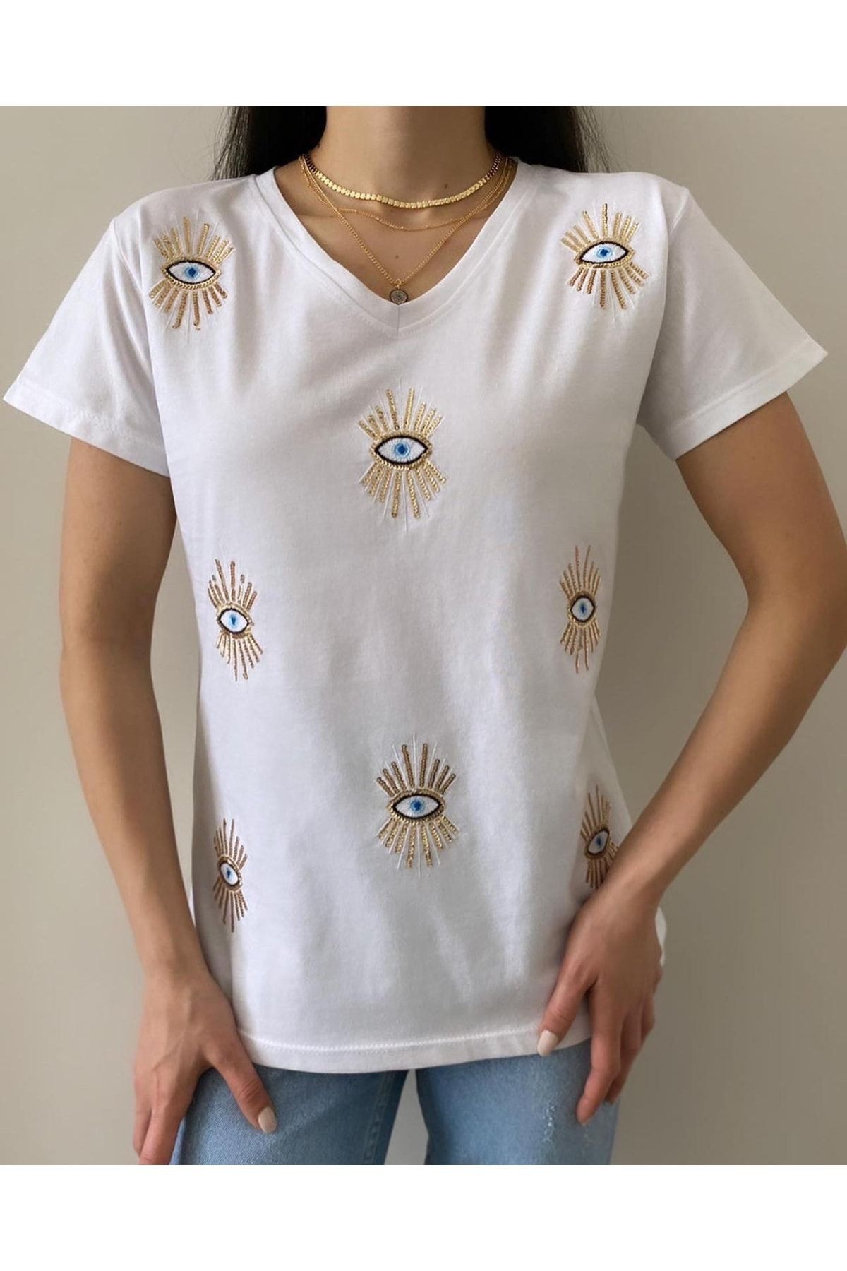 Gözlü Büyük Beden Gözlü T-shirt