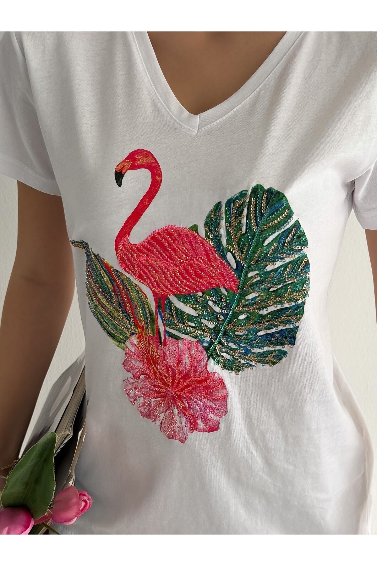 Kadın Yeni Sezon %100 Pamuk Flamingo Yaprak Desenli İşlemeli T-shirt