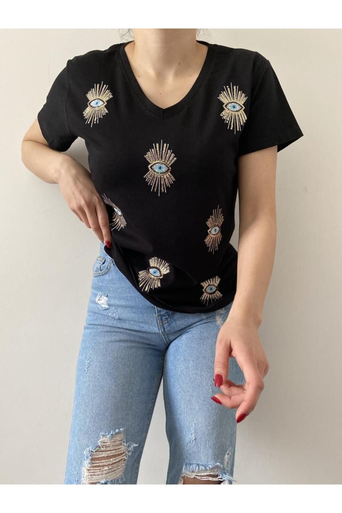 Kadın Büyük Beden Yeni Sezon %100 Pamuk Göz İşlemeli Nakışlı T-shirt