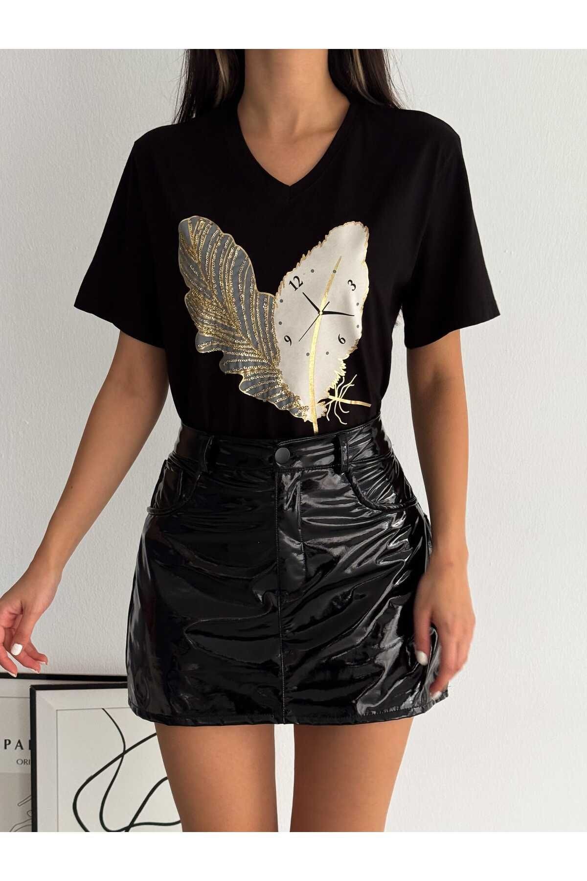 Kadın Büyük Beden Yeni Sezon %100 Pamuk Saat İşlemeli Nakışlı T-shirt