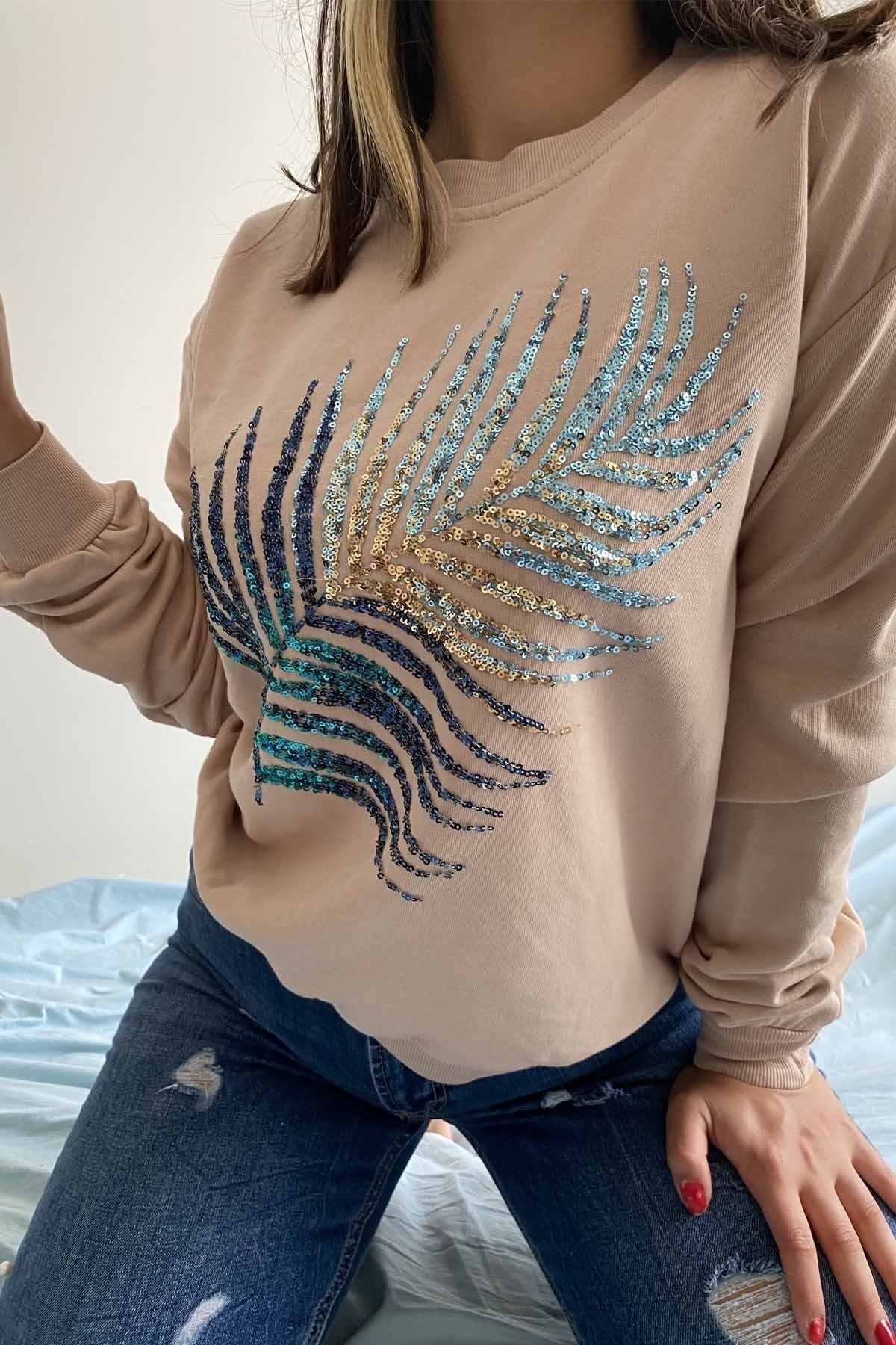 Kadın Bej Yeni Sezon Yaprak Pul Ve Nakış Işlemeli %100 Pamuk Sweatshirt