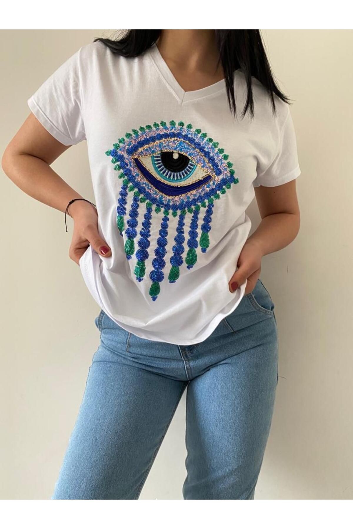 Kadın Büyük Beden Yeni Sezon %100 Pamuk Nazar Göz İşlemeli Nakışlı T-shirt
