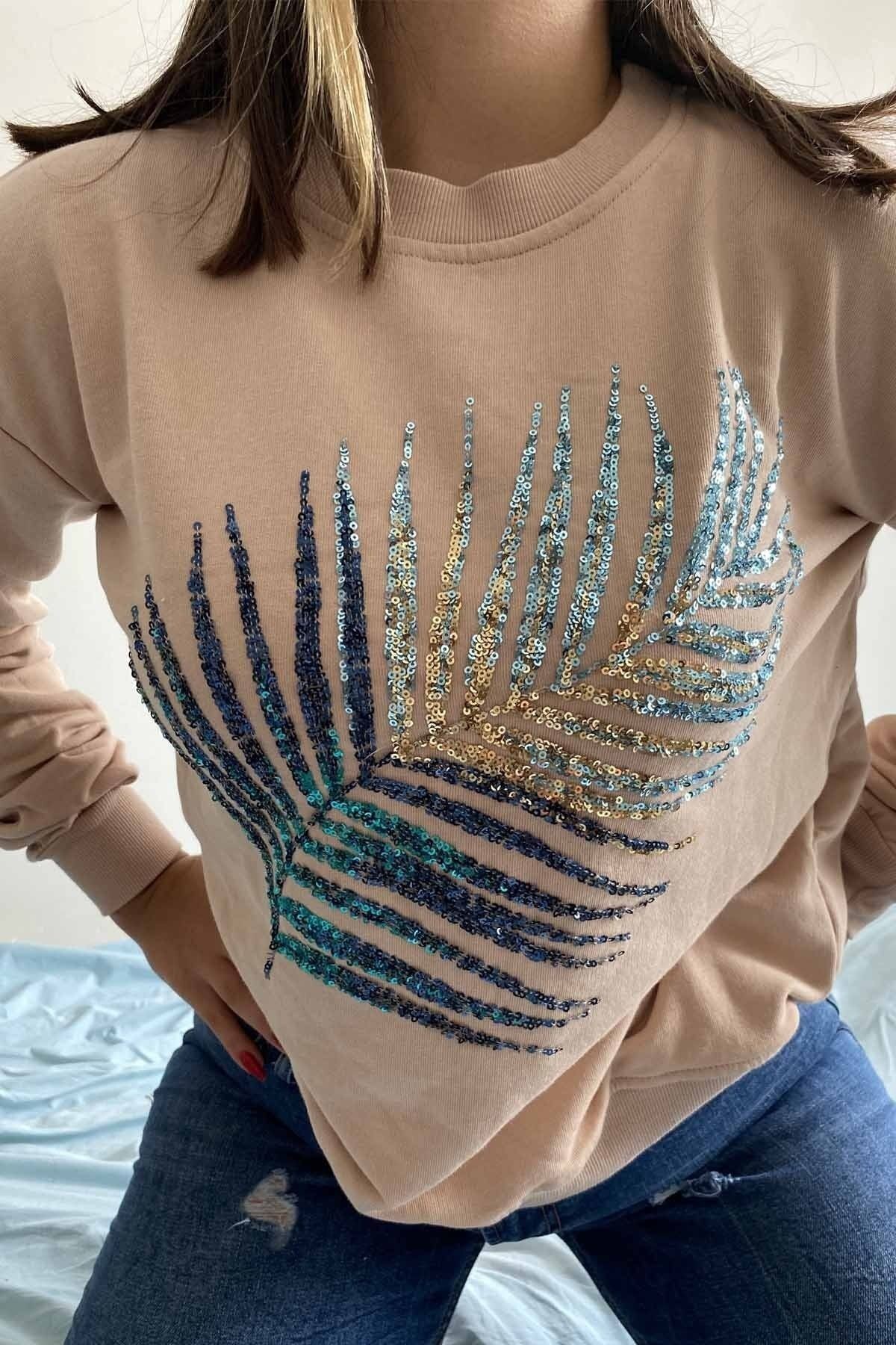 Kadın Bej Yeni Sezon Yaprak Pul Ve Nakış Işlemeli %100 Pamuk Sweatshirt