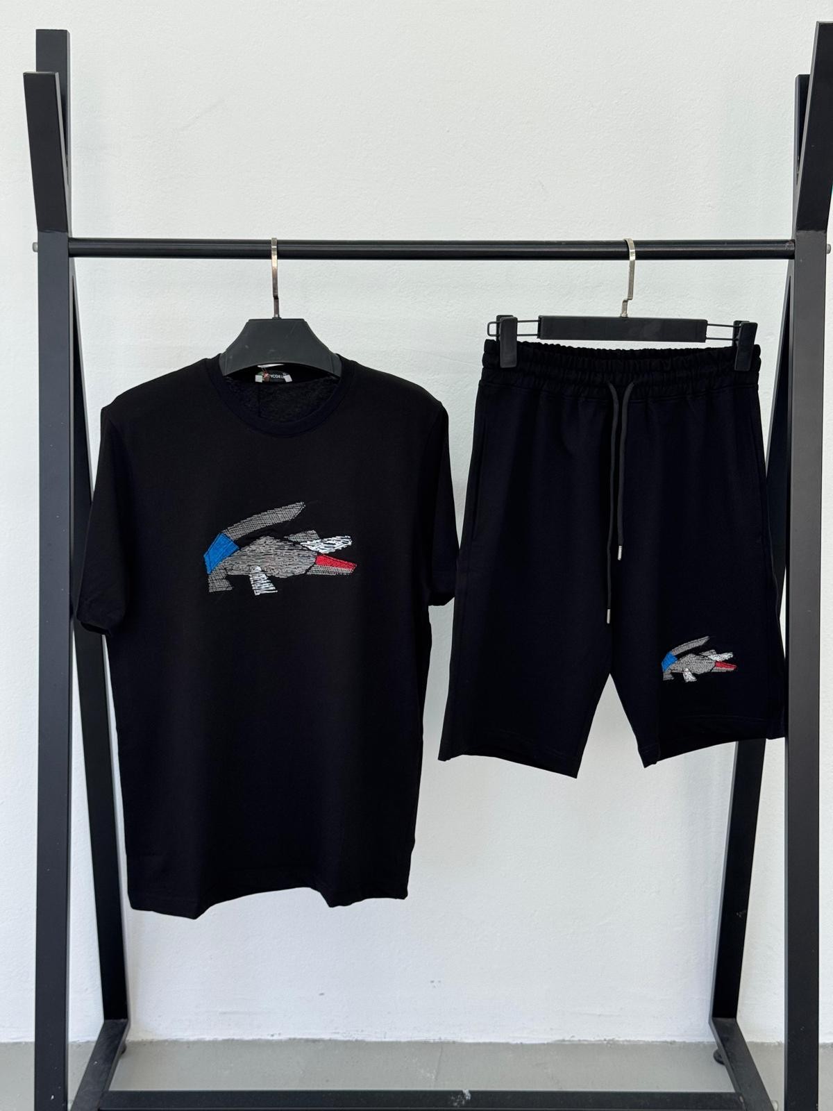 Lacoste Parçalı Timsah Logo Yazlık Takım - Siyah-Siyah