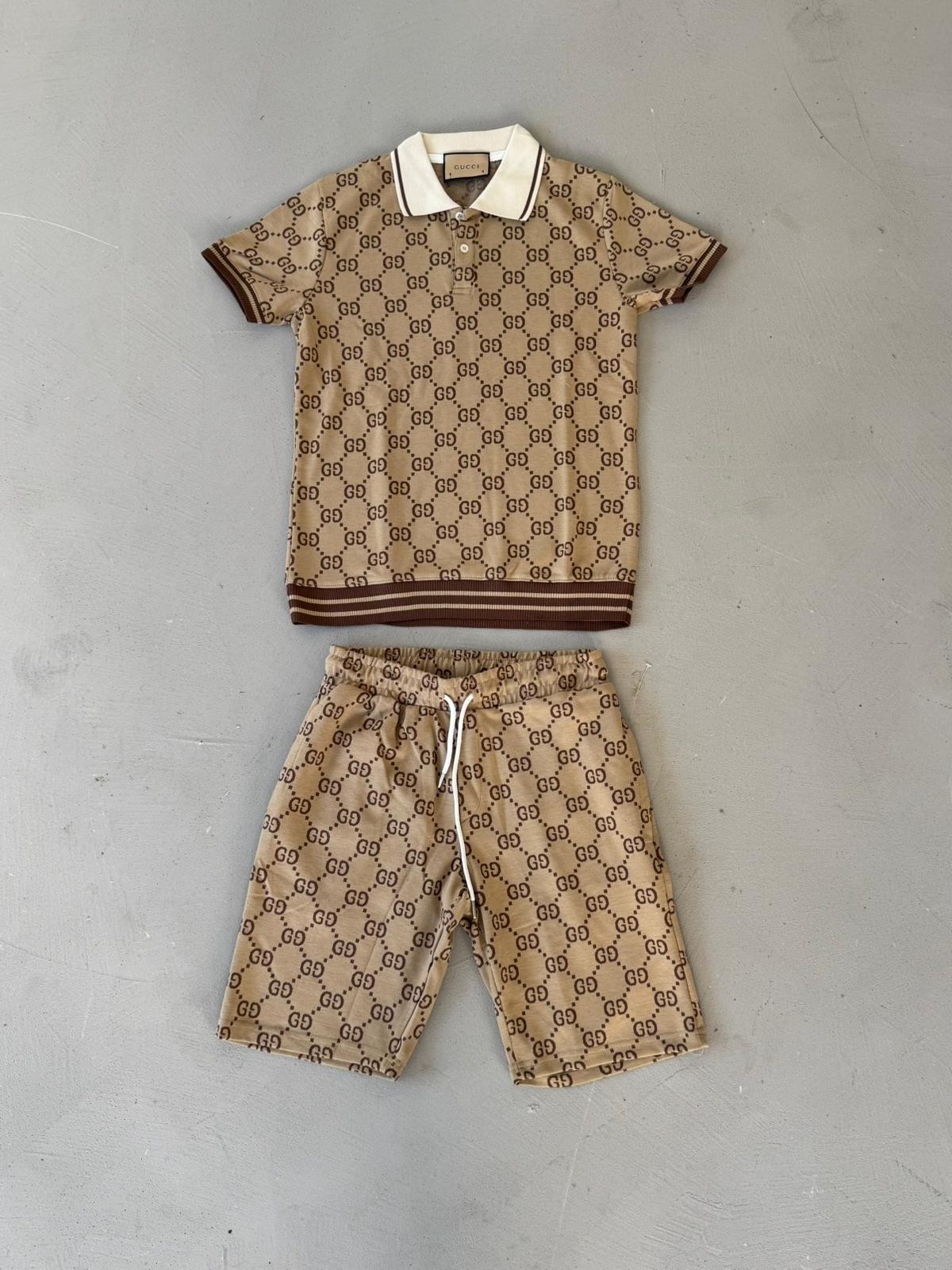 Gucci Monogram Şort Takımı - Kahve