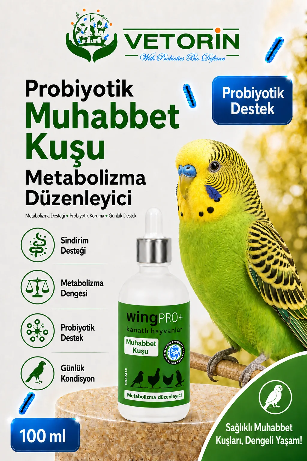 Probiyotikli Muhabbet Kuşu Sindirim Sistemi Desteği & Metabolizma Düzenleyici 100 ml