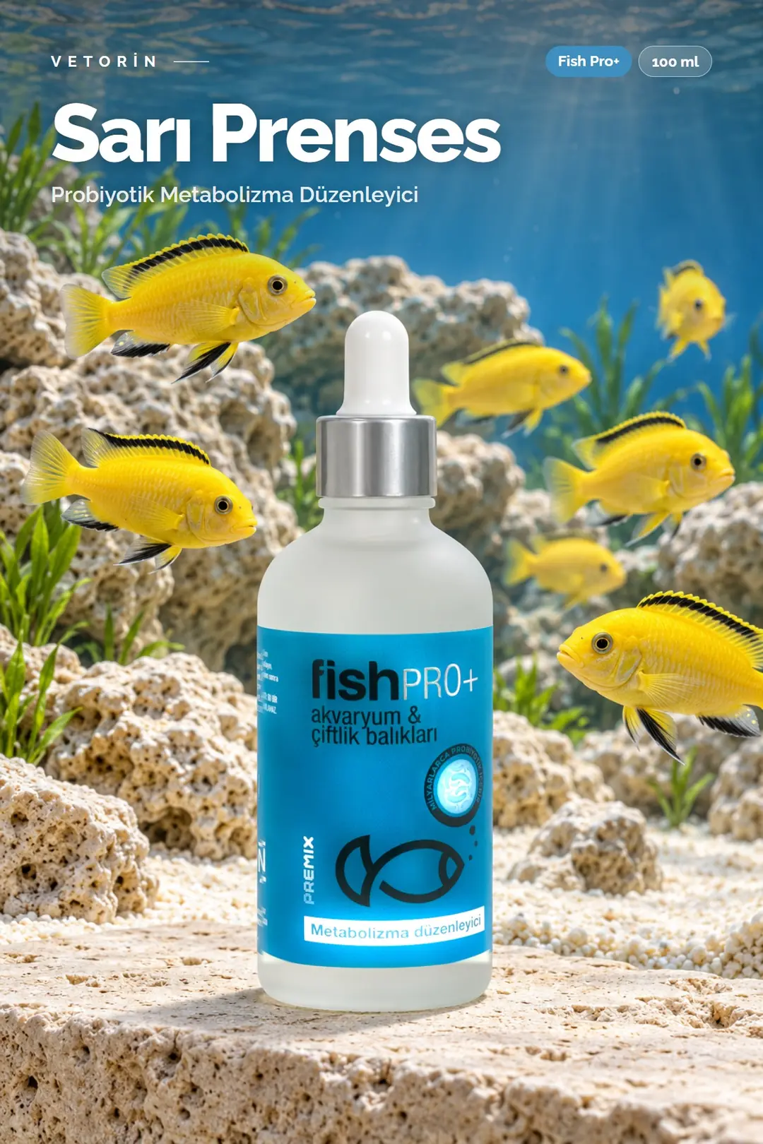 Sarı Prenses balığı ve Vetorin Fish Pro+ şişesi