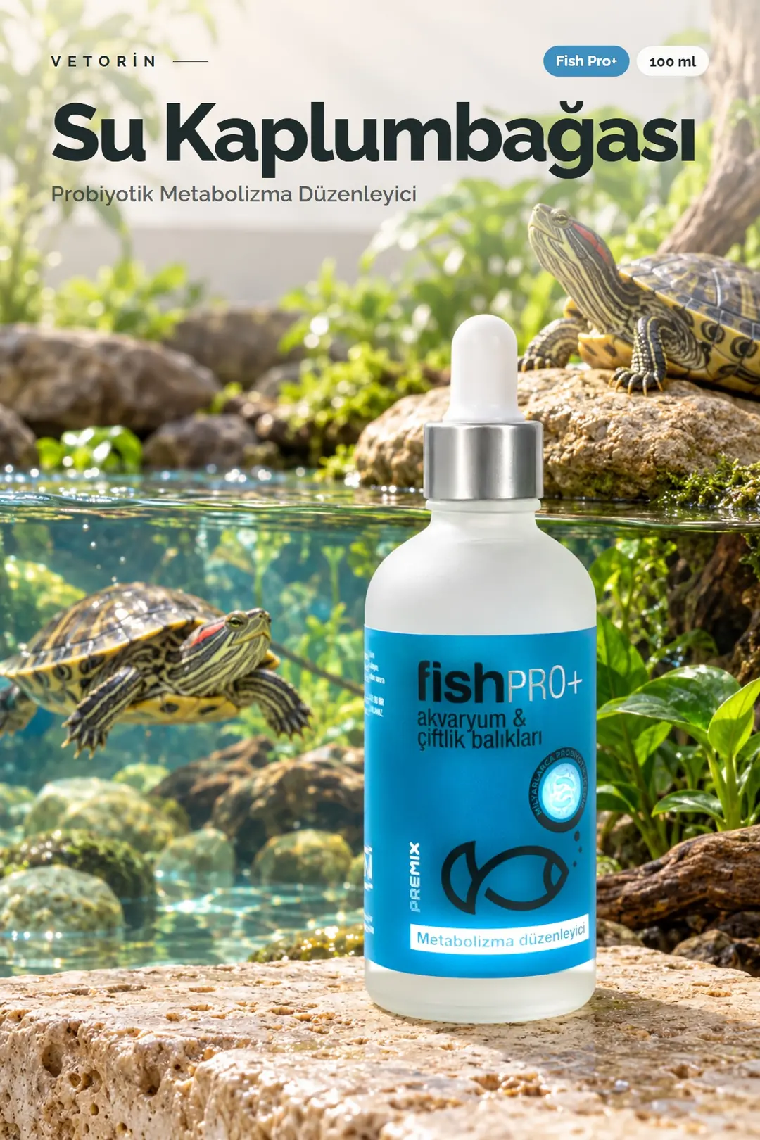 Su Kaplumbağası ve Vetorin Fish Pro+ şişesi