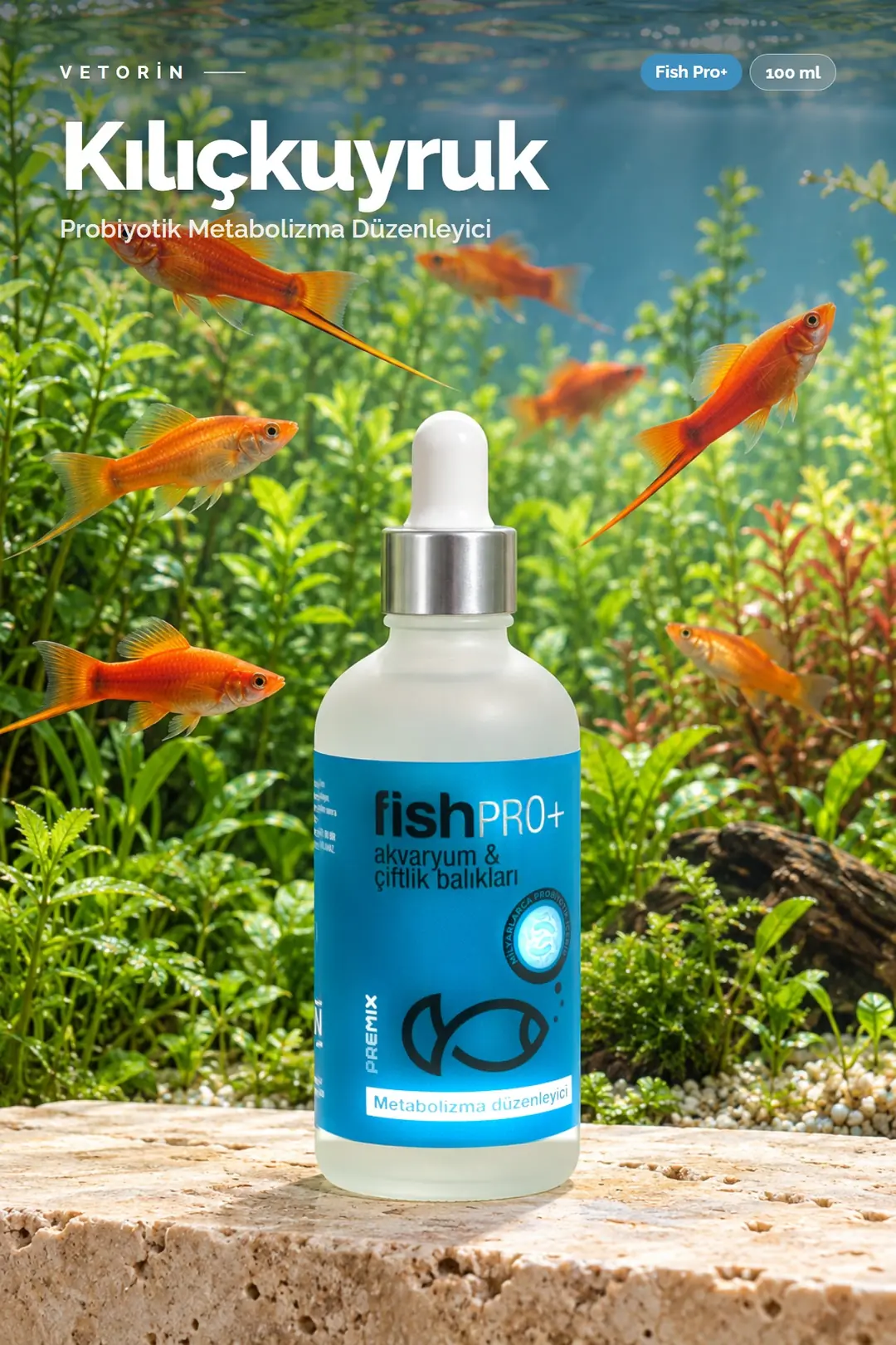 Kılıçkuyruk balığı ve Vetorin Fish Pro+ şişesi
