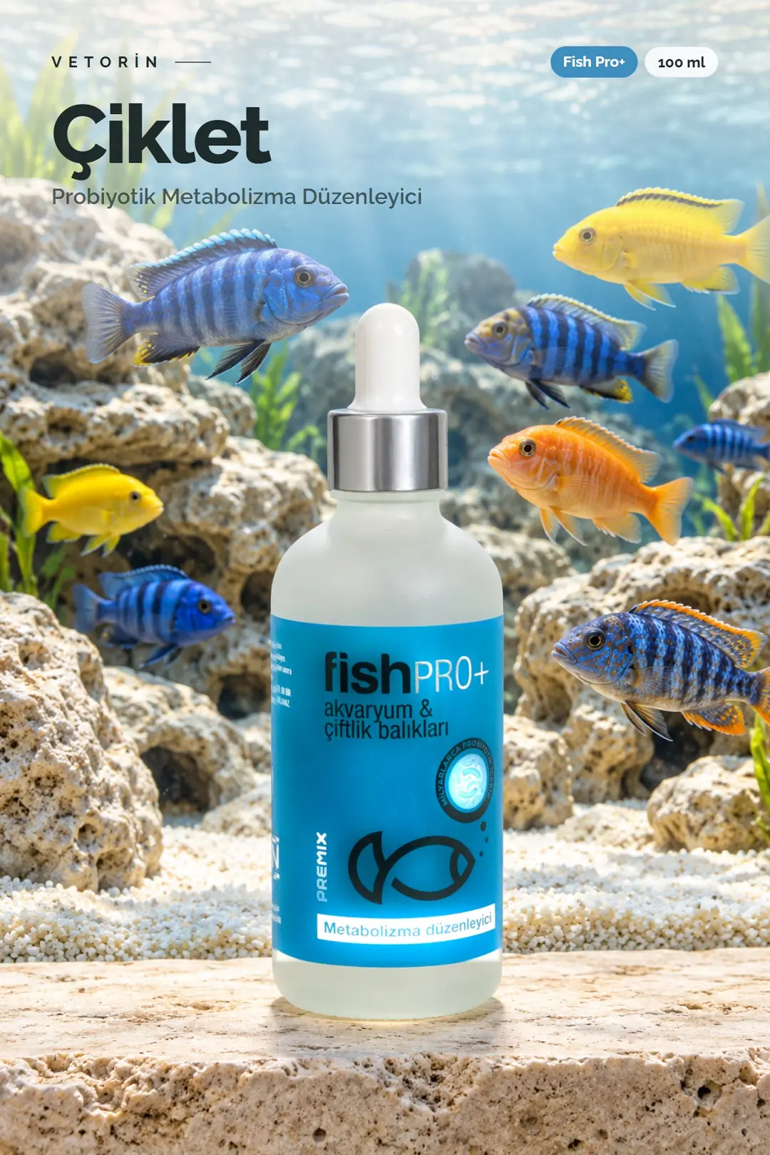 Ciklet balığı ve Vetorin Fish Pro+ şişesi