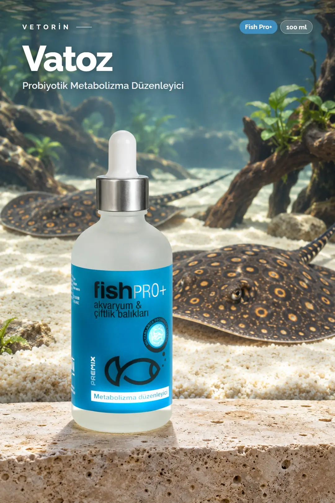 Vatoz balığı ve Vetorin Fish Pro+ şişesi