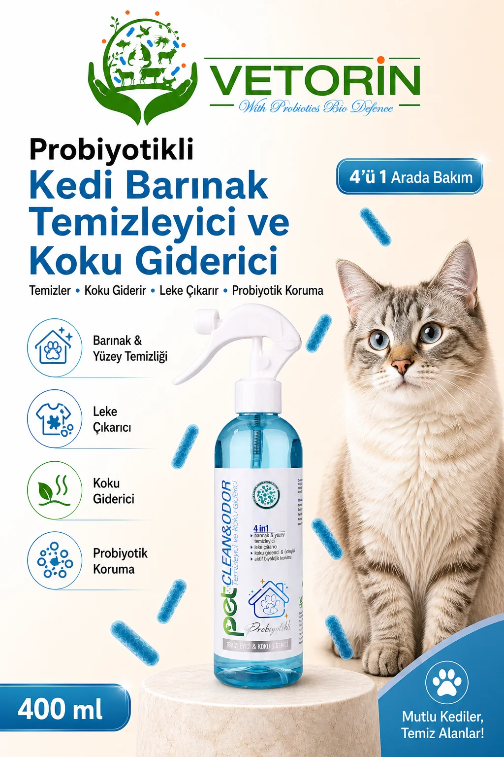 Probiyotikli Kedi Barınak Temizleyici Ve Koku Giderici Sprey 400 ml