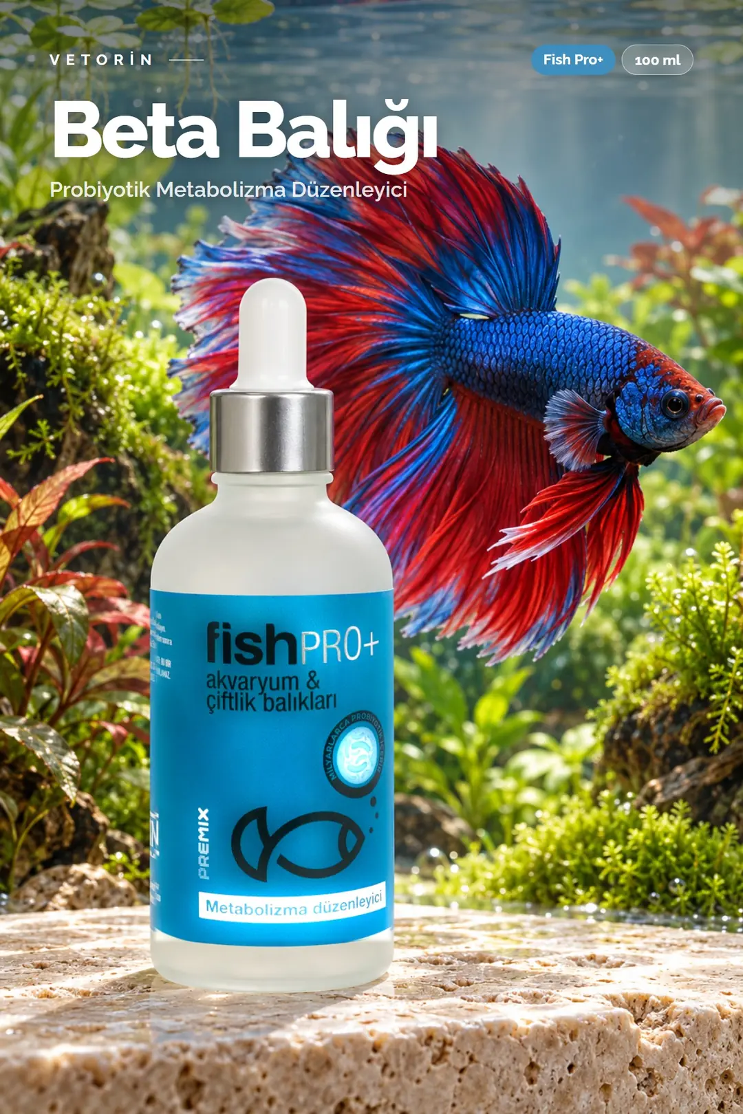 Beta balığı ve Vetorin Fish Pro+ şişesi