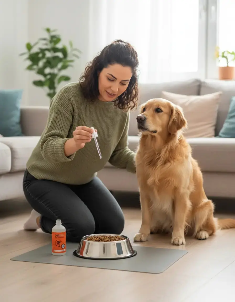 Köpeğinin mamasına probiyotik damlatan kadın