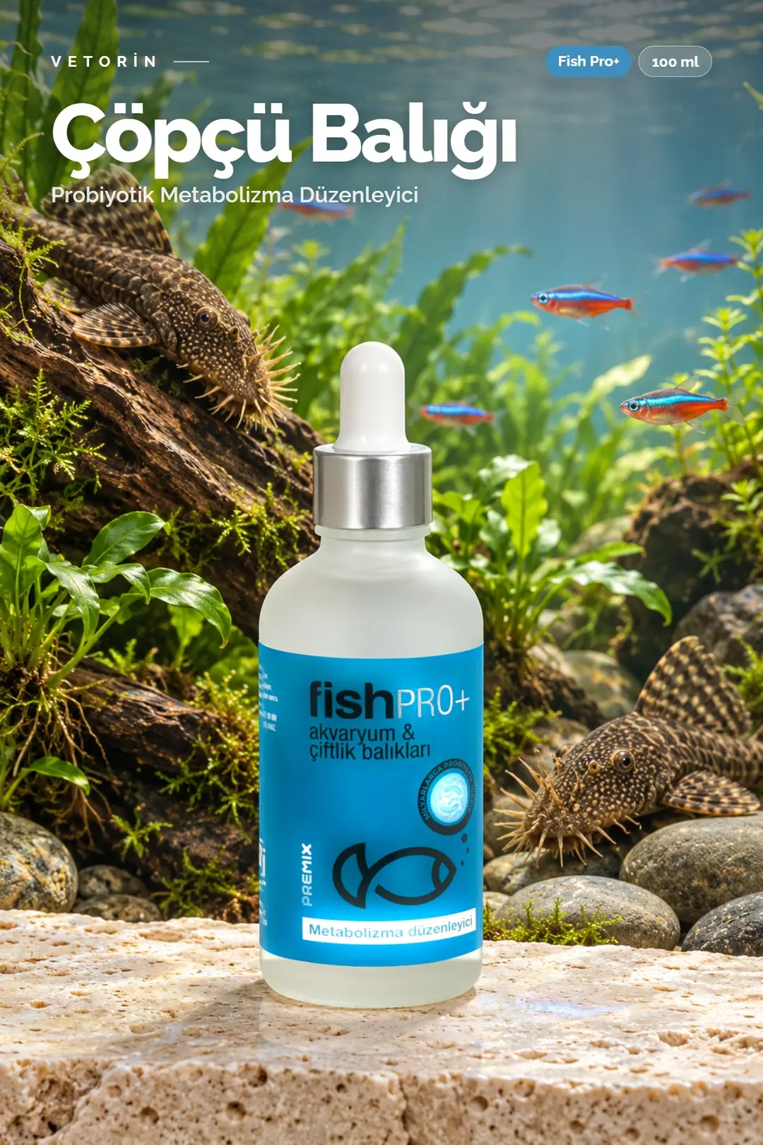 Çöpçü balığı ve Vetorin Fish Pro+ şişesi