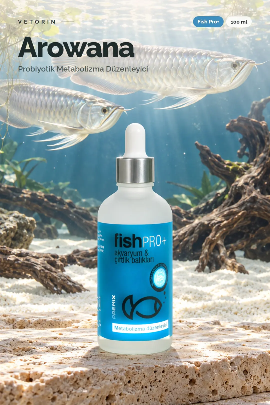 Arowana balığı ve Vetorin Fish Pro+ şişesi