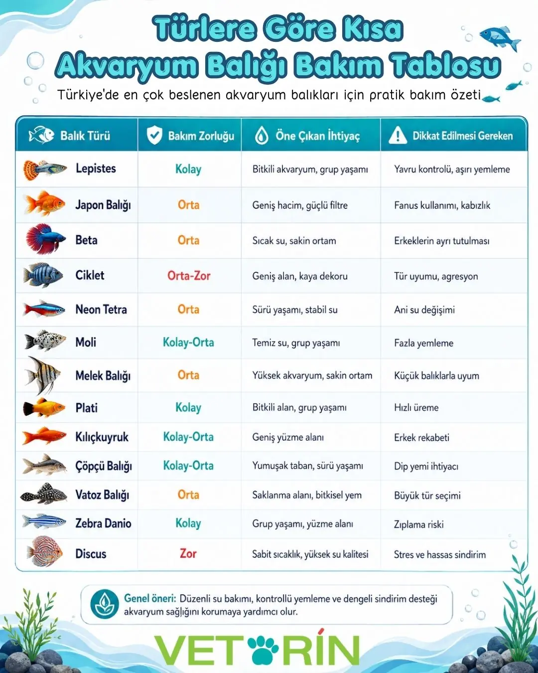 Lepistes, Japon balığı, beta, ciklet, neon tetra, moli, melek balığı ve daha birçok popüler akvaryum balığının bakımını öğrenin. Sağlıklı akvaryum yaşamı için beslenme, su kalitesi ve probiyotik destek önerileri.