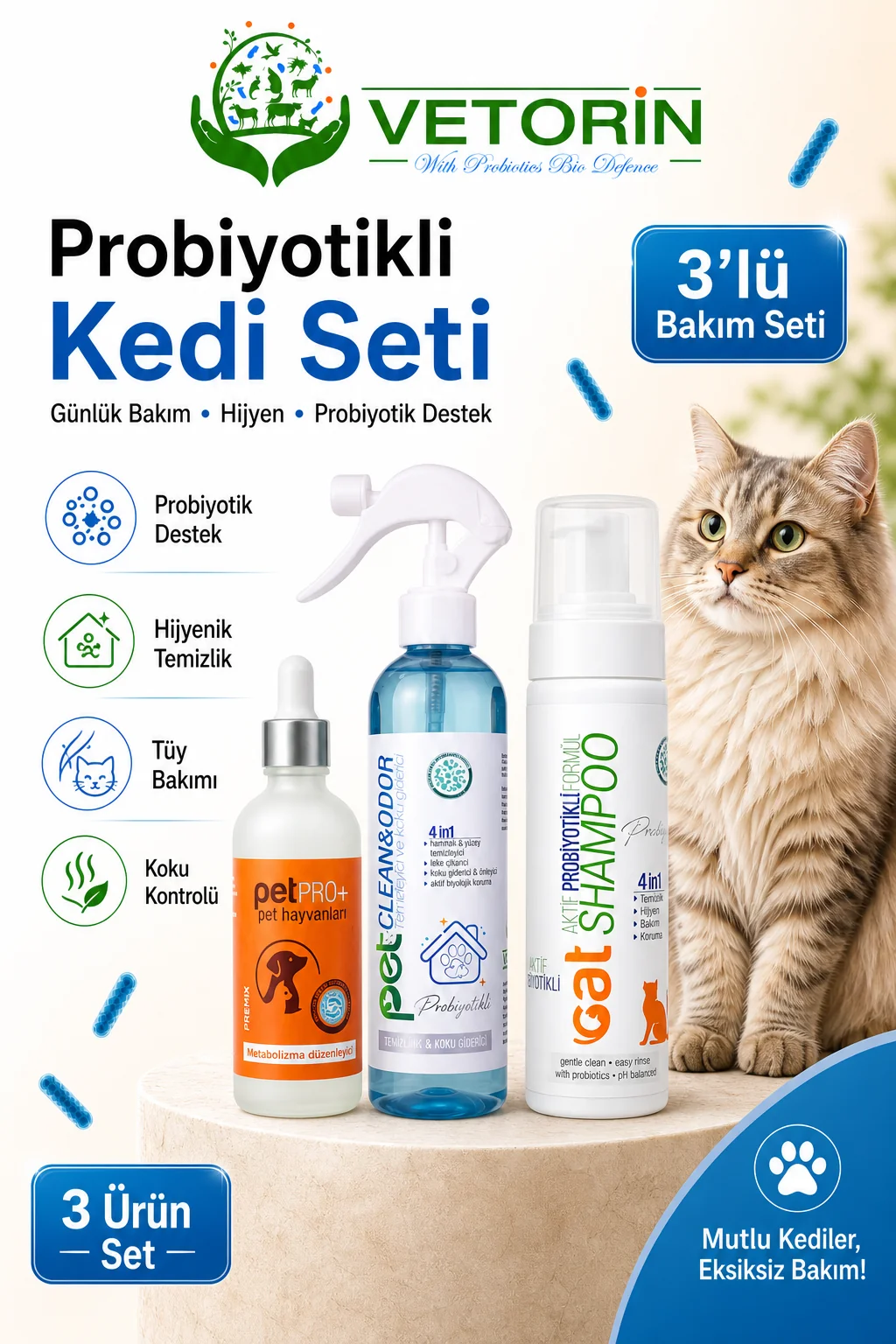 Avantajlı Üçlü Kedi Bakım Seti - Probiyotikli Şampuan, Pet Pro ve Koku Giderici