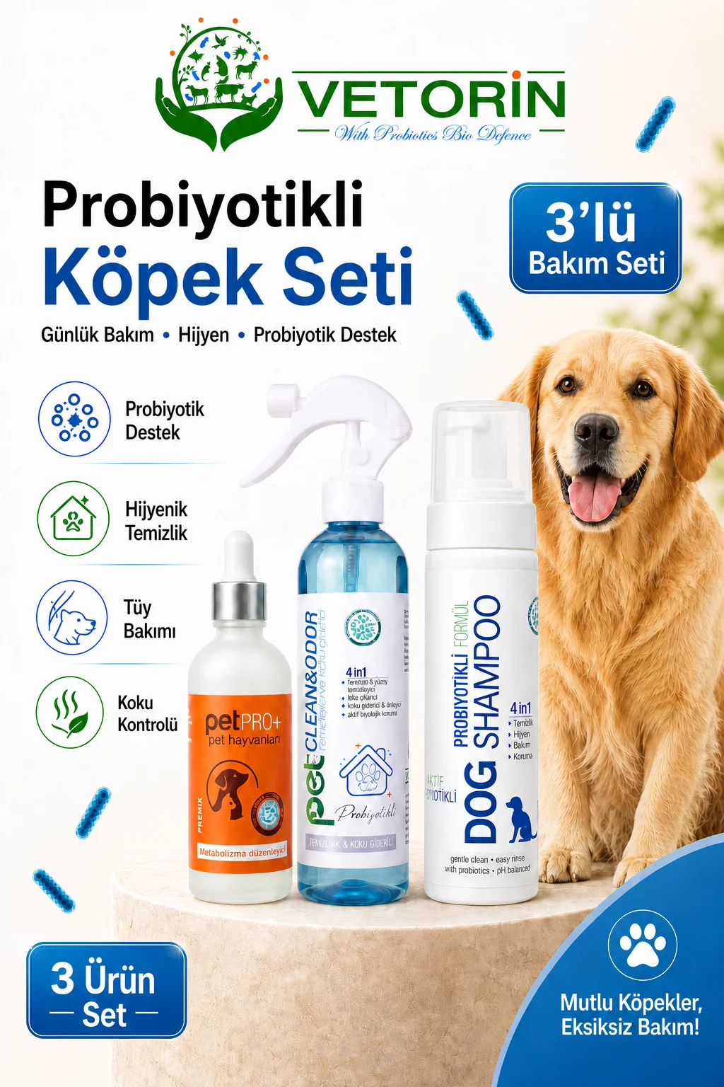 Avantajlı Üçlü Köpek Seti, Nemlendiricili, Tüy Bakımı, Koku Önleyici, Bağışıklık Destekleyici