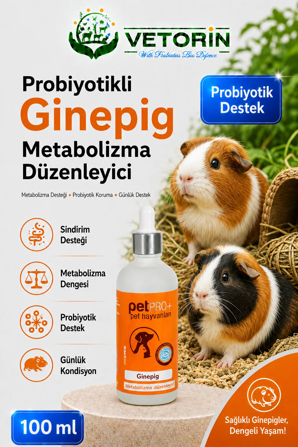 Probiyotikli Ginepig Sindirim ve Metabolizma Düzenleyici 100 ml Pet Pro+ 100ml