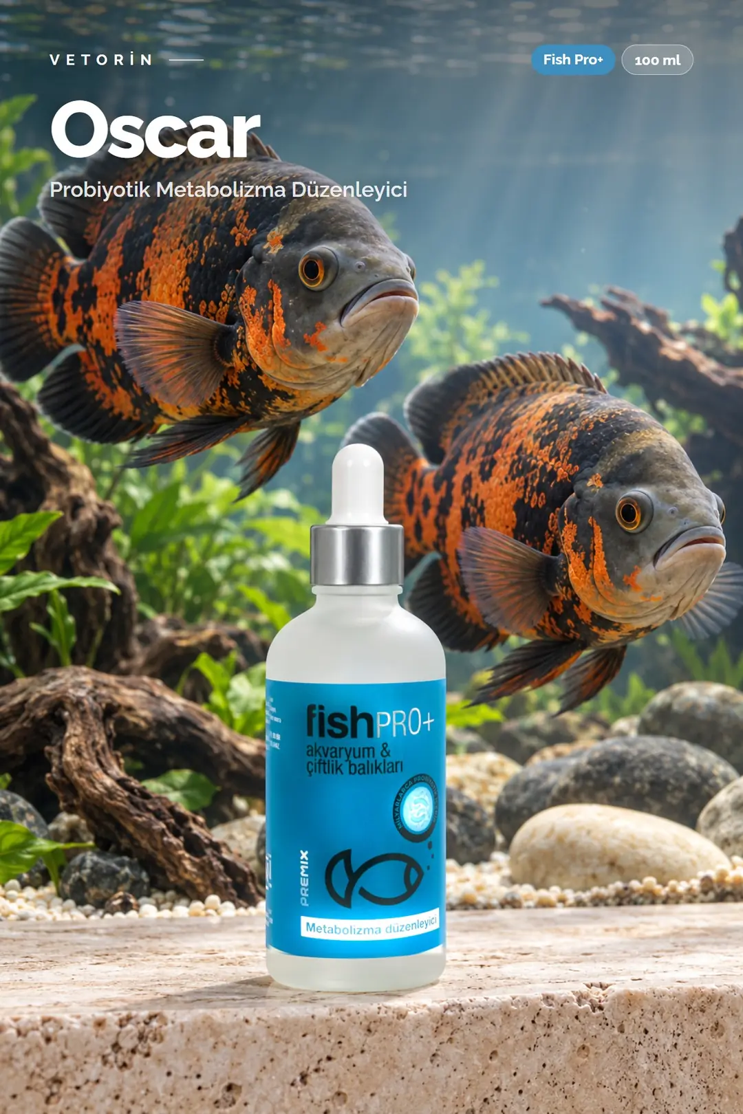 Oscar balığı ve Vetorin Fish Pro+ şişesi