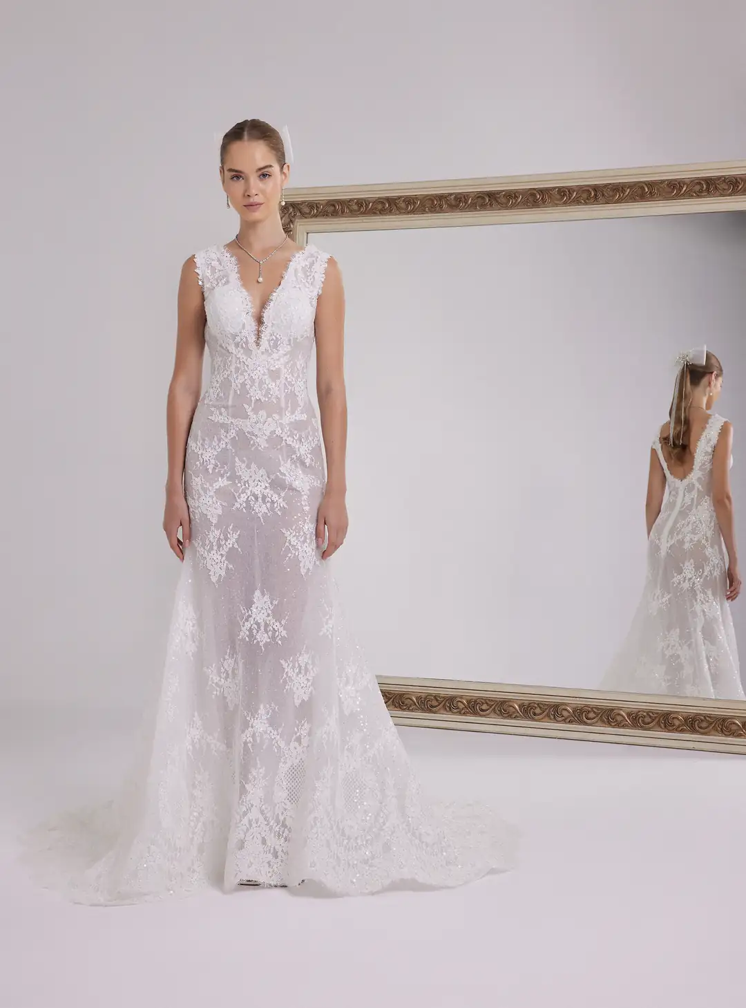 Unique Mermaid V Neck Tulle Lace Beaded Long Wedding Dresses C4170 main image 1