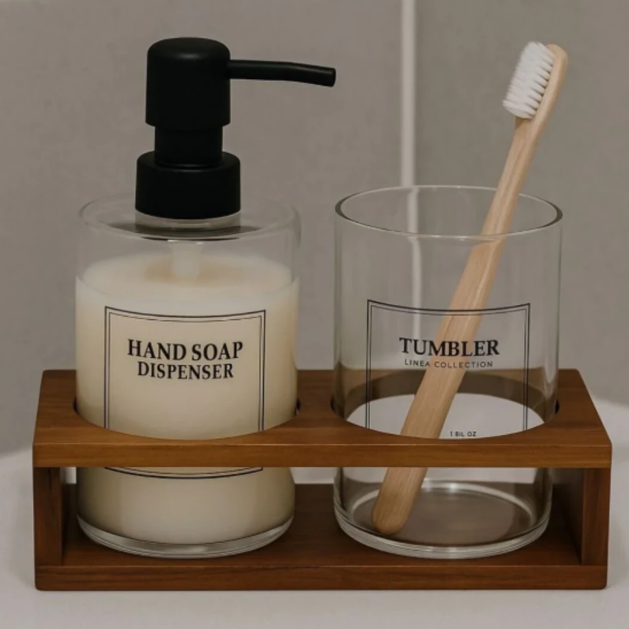 Akasya Stantlı Tumbler Cam Sabunluk ve Diş Fırçalık Seti, Banyo Sıvı Sabunluk 430ml