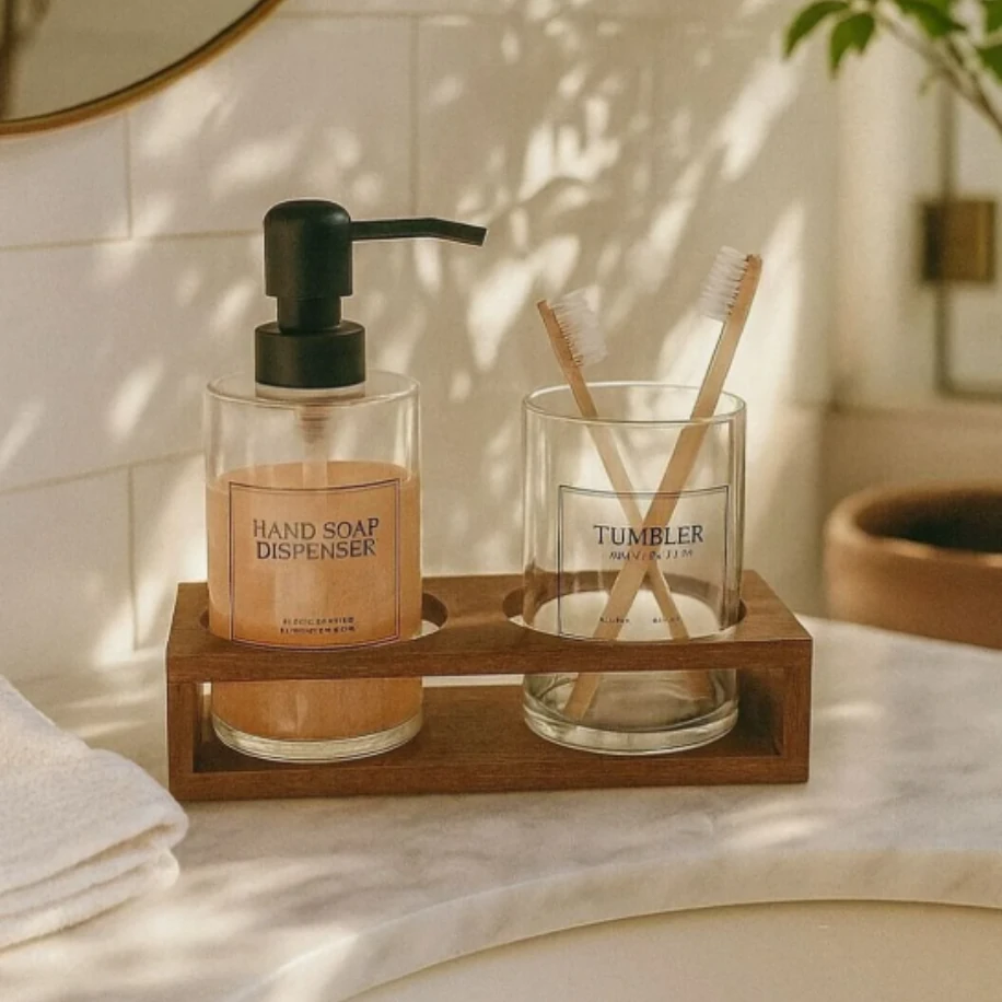 Akasya Stantlı Tumbler Cam Sabunluk ve Diş Fırçalık Seti, Banyo Sıvı Sabunluk 430ml